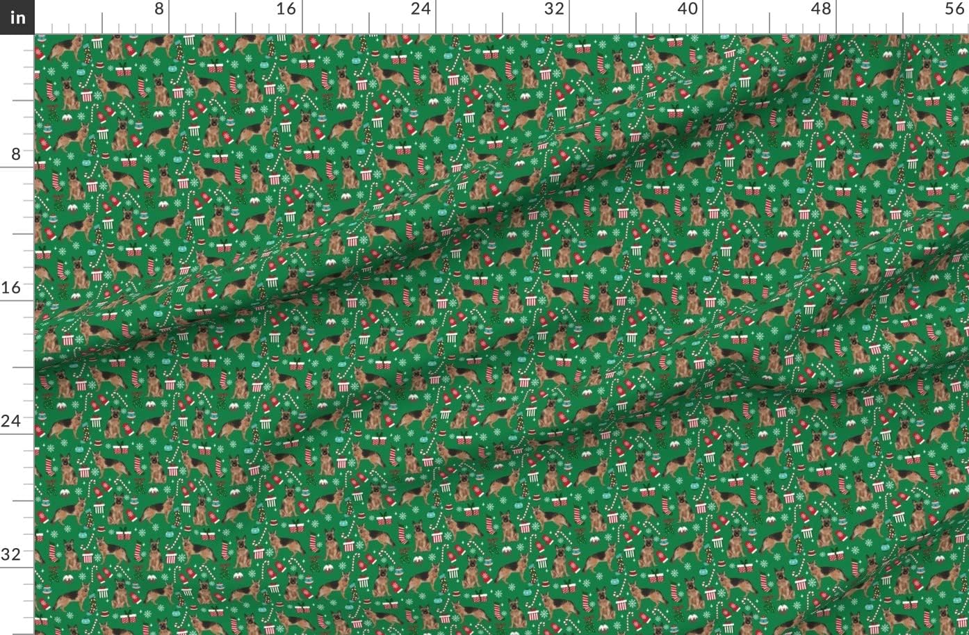 Spoonflower Fabric - German Shepherd Christmas Dogs Breeds Candy Canes Xmas Presents Green Printed on Organic Cotton Sateen Fabric by The Yard - Sewing Quilting Apparel Home Decor