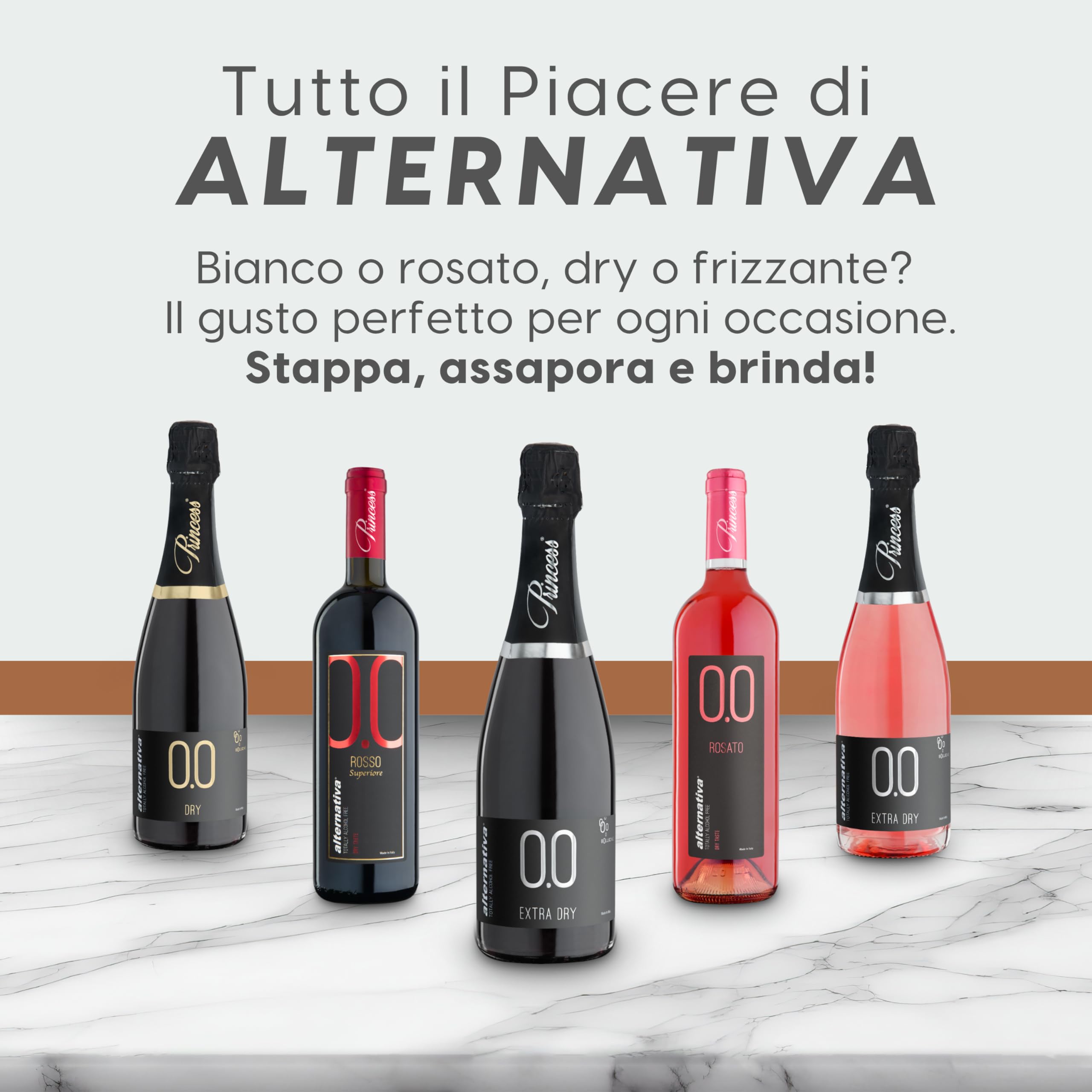 ALTERNATIVA Bianco Extra Dry Frizzante Analcolico 0.0% - Bollicine Senza Alcol, Dealcolato Italiano - Ideale per Celebrazioni e Regali - Confezione da 6 Bottiglie da 750ml Alcool Free