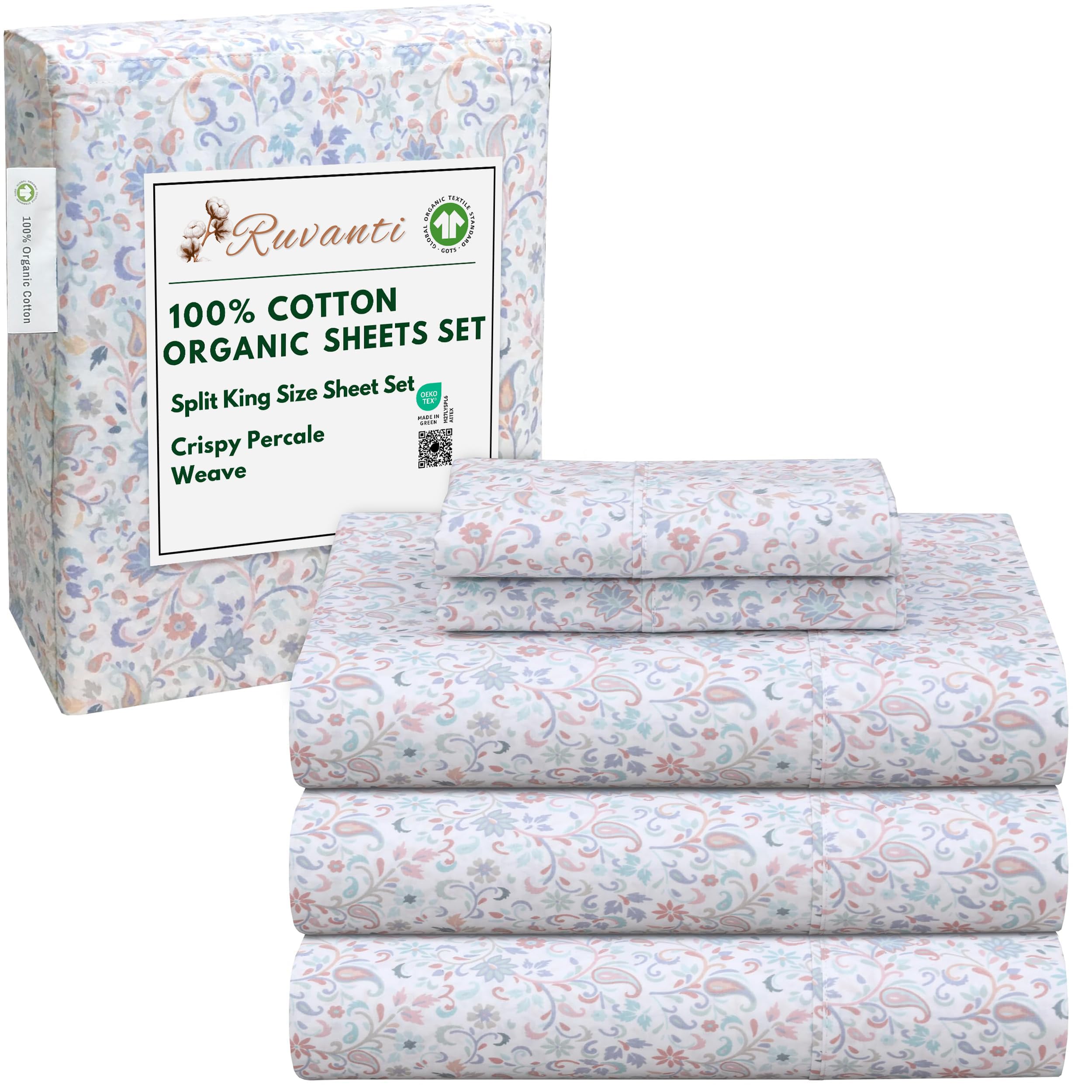 RUVANTI 100% Organic Cotton Sheets Split King, Percale Weave, GOTS Certified, 5-Piece Set, Deep Pocket 15", Crisp & Breathable, Soft Durable Bedding, Sábanas Algodón Orgánico – Multi Paisley — image 1