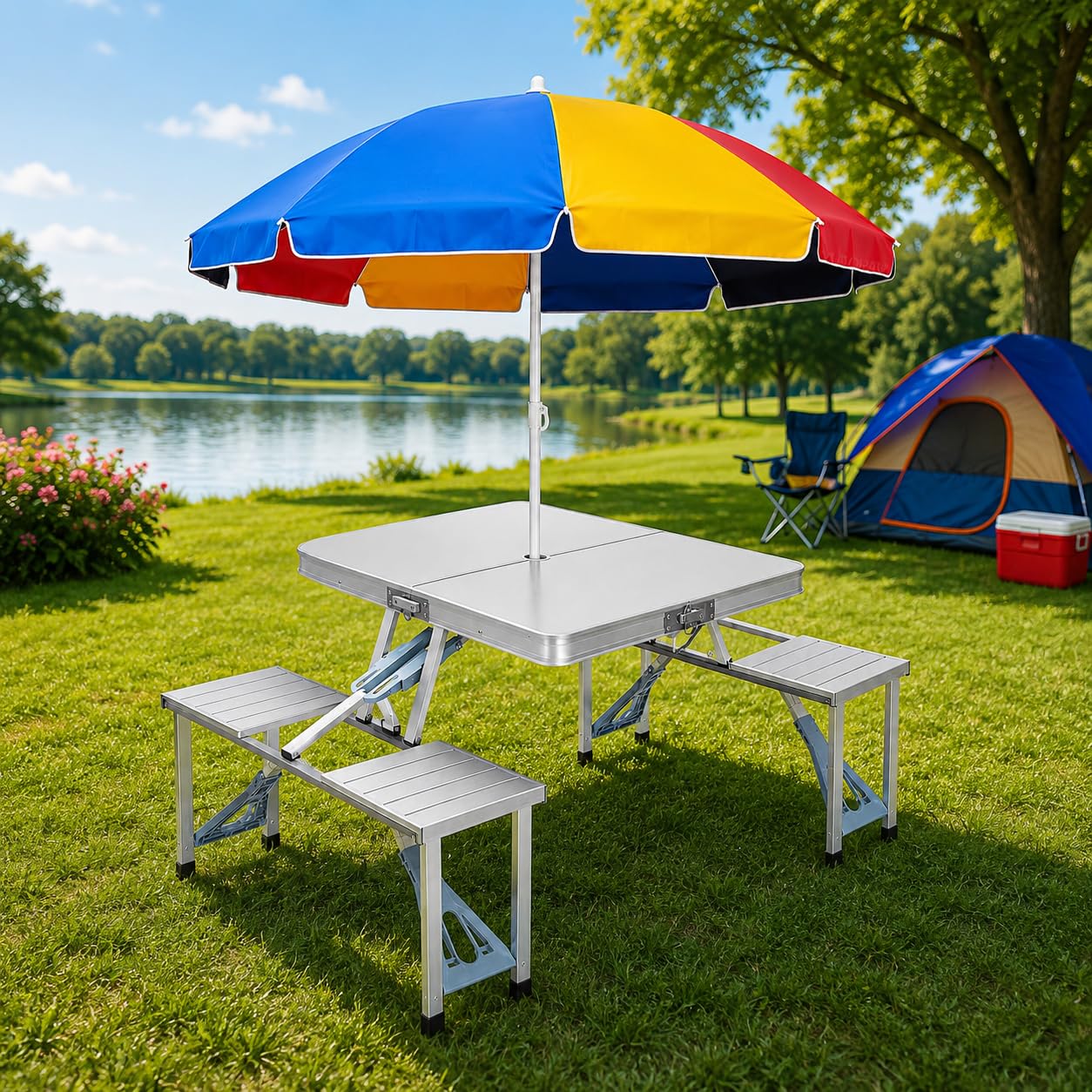 KANUPRIYA Portable Aluminium Folding Table with 4 Integrated Benches and Umbrella Hole, Compact Picnic Table Set for Garden, Beach, Camping & Tailgating-image-20