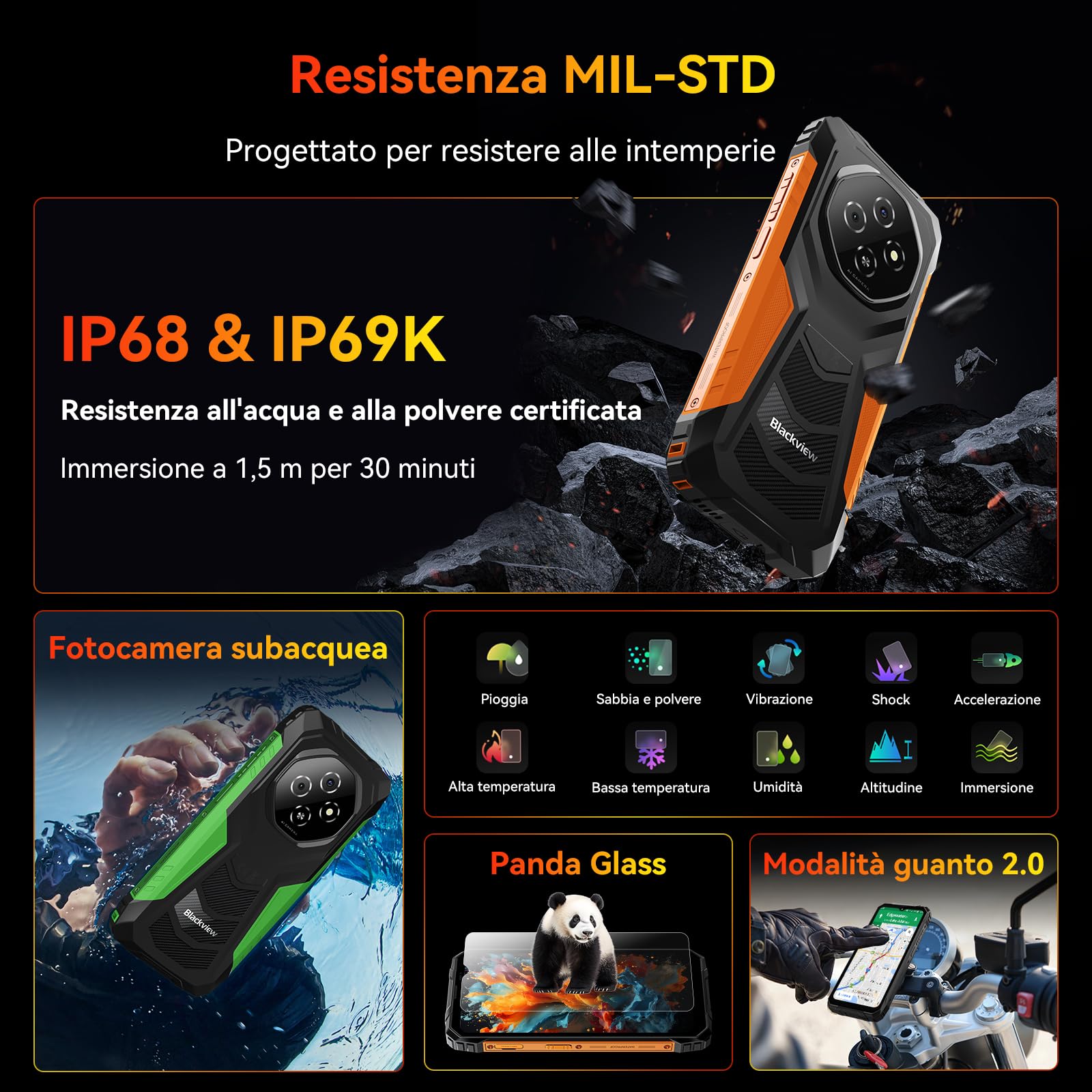 Blackview Fort 1 Rugged Smartphone, Batteria 10000mAh Telefono Indistruttibile, Android 15 Celluare Antiurto, 6.56''HD+, 12(4+8) GB+128GB/2TB TF, AI 16MP, IP68/NFC/OTG/Face ID/2 Anni Garanzia