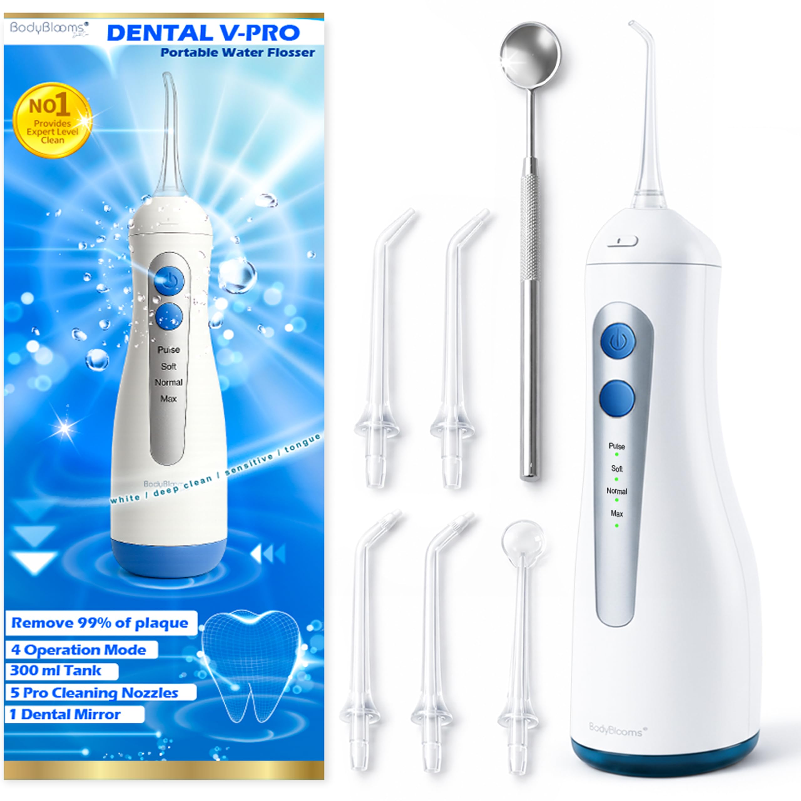 Irrigador dental portatil DENTAL V-PRO de 300 ml | irrigador bucal portatil USB-C Recargable para la limpieza dental | water flosser con 5 Boquillas + 1 espejo | kit limpiador bucal agua a presion