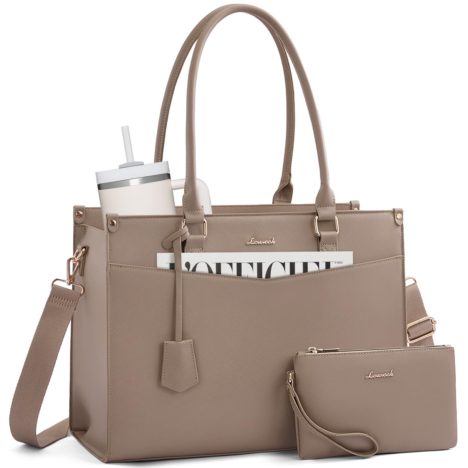 LOVEVOOK Borsa per computer portatile da donna 2 in 1, elegante borsa da lavoro, in pelle PU, borsa shopper, borsa per scuola, università