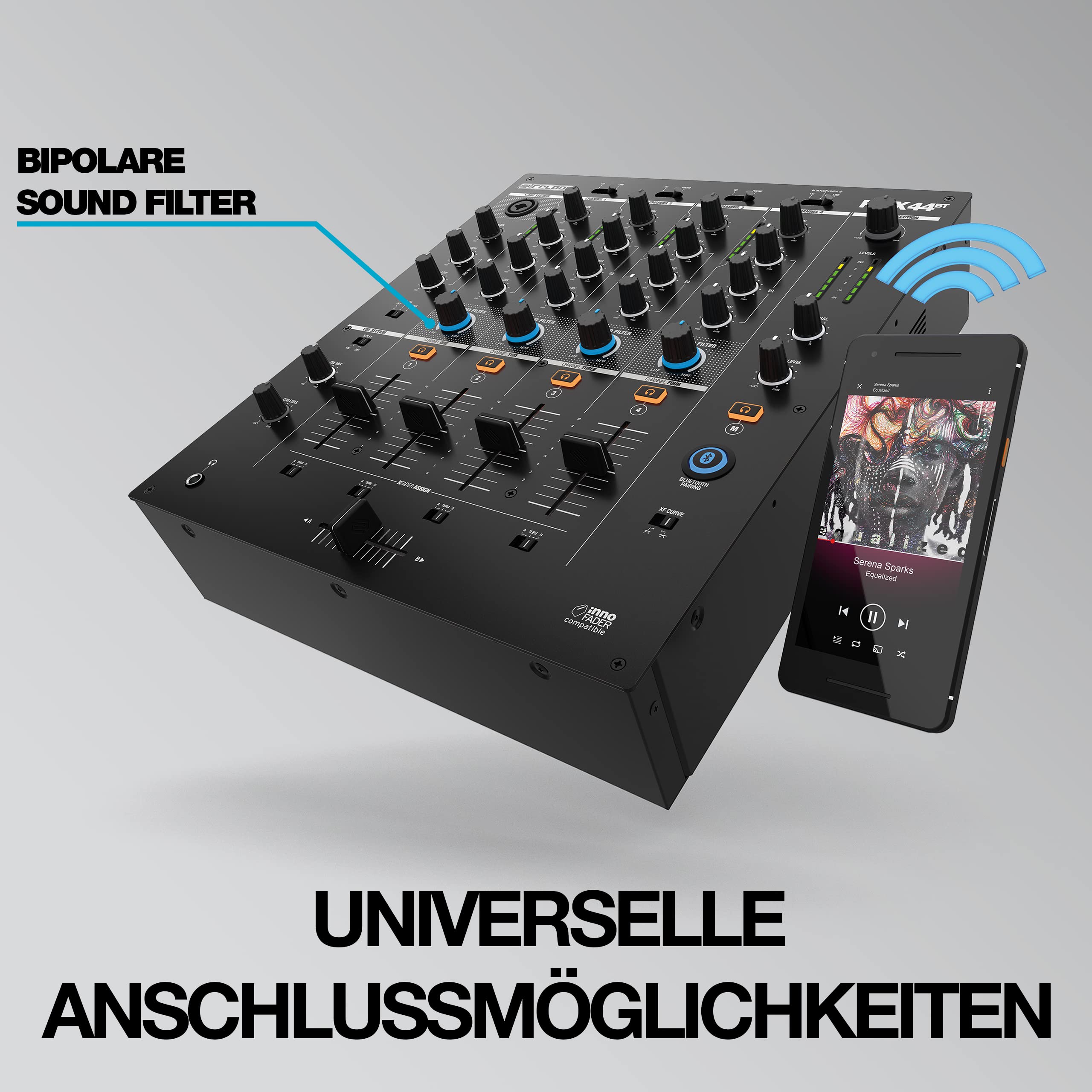 Reloop RMX-44 BT 4-Kanal-Bluetooth-DJ-Clubmixer, 9 Eingänge, 4 Ausgänge, Smart Connectivity Bluetooth Input mit Cue-Funktion