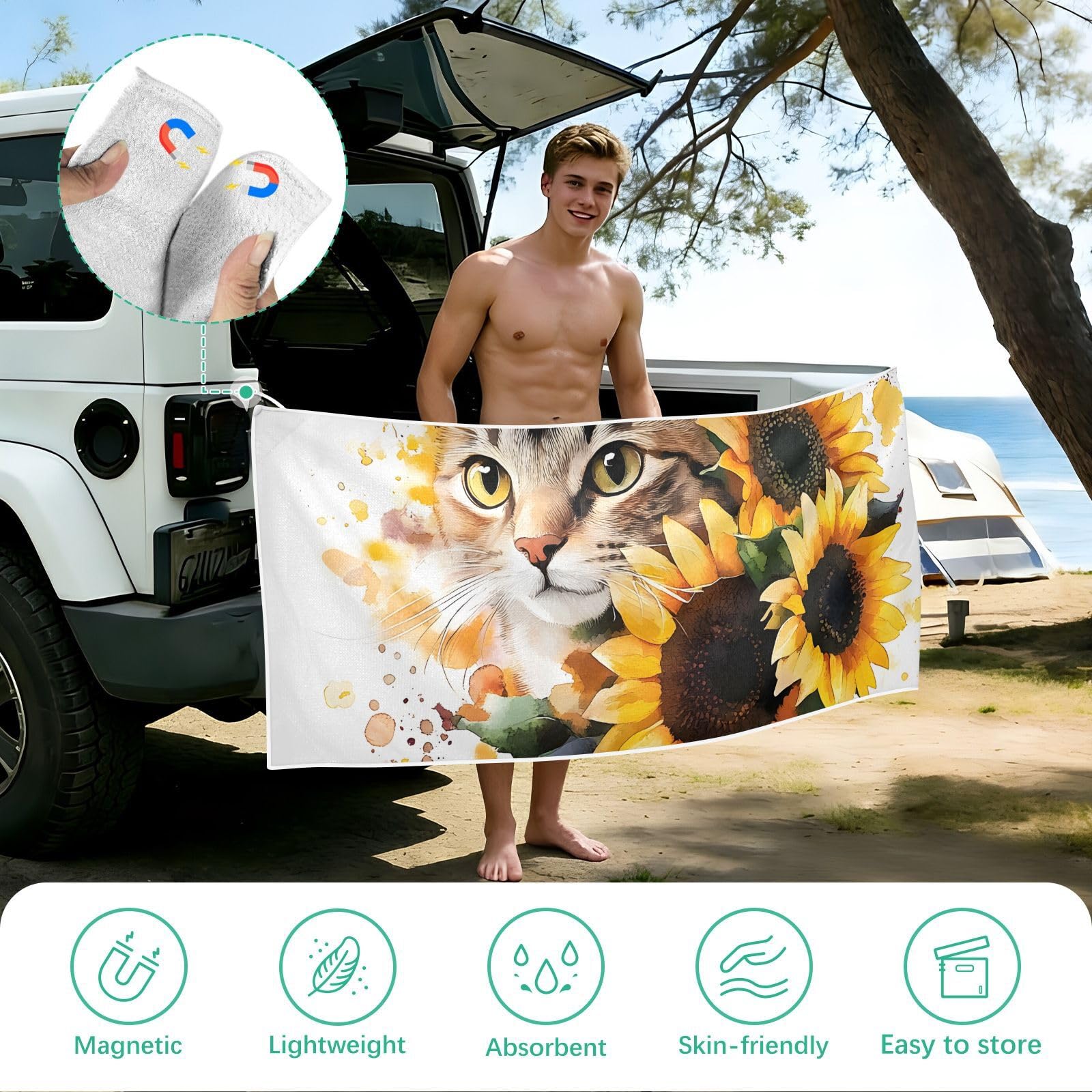 Grandes serviettes de plage avec sacs en maille pour adultes, serviette de bain chat tournesol avec fermeture magnétique, anti-sable, serviette à séchage rapide pour piscine, camping et voyage