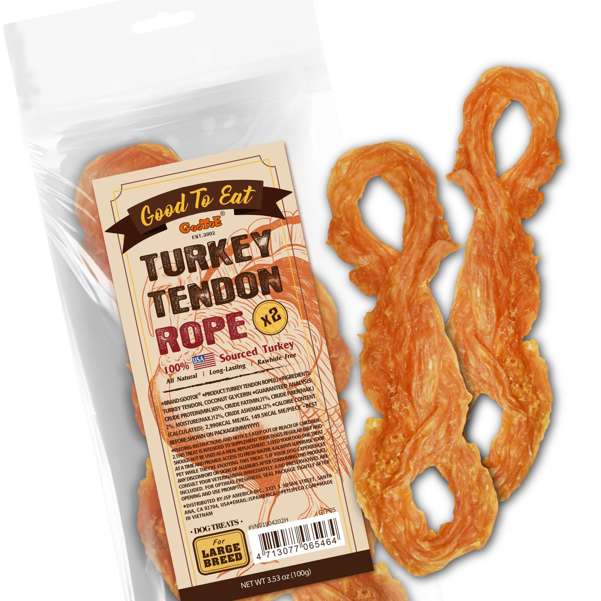 GootoeTurkey Tendons for Dogs –All-Natural, Hypoallergenic Dog Treats, Rawhide Alternative, Long Lasting Puppy Chews, Healthy Dog Treats for Large Breeds, Rope (L), 2 Count Pack