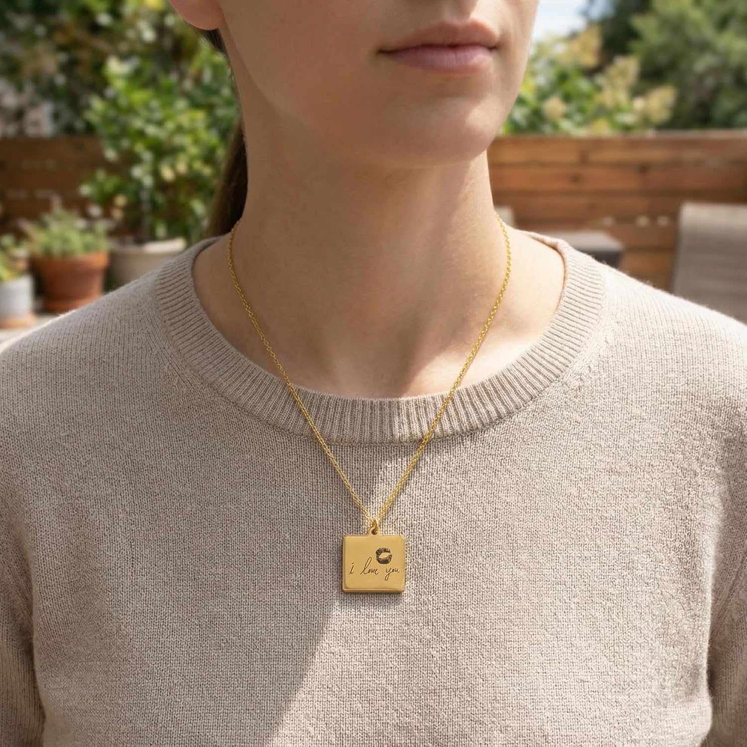 AnnBijoux Actual Handwriting Square Pendant Necklace Mirror Polish Stainless Steel Silver Gold Rose-Gold Laser Engraved Jewelry Memorial Signature Mom Personalized Gift