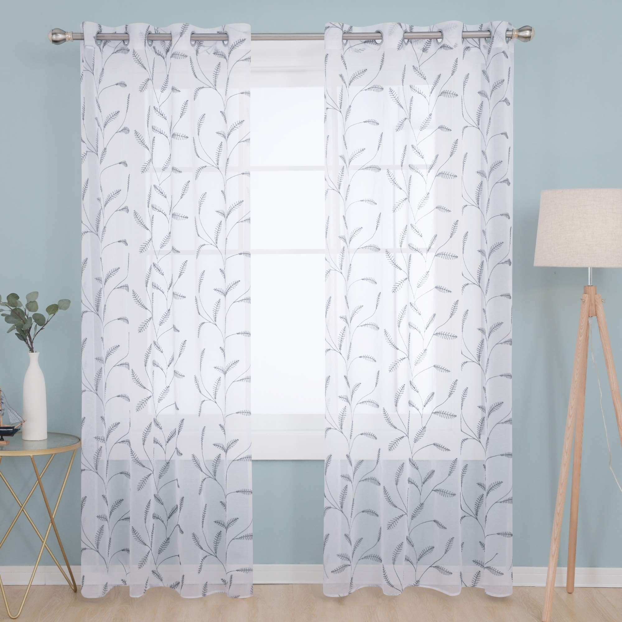 Deconovo Grass-Grey Embroidered Wheat Ears Pattern Sheer Curtains Eyelets Linen Effect Voile Curtains Super Soft Net Curtains For Living Room 55 X 114 Grey Two Panels