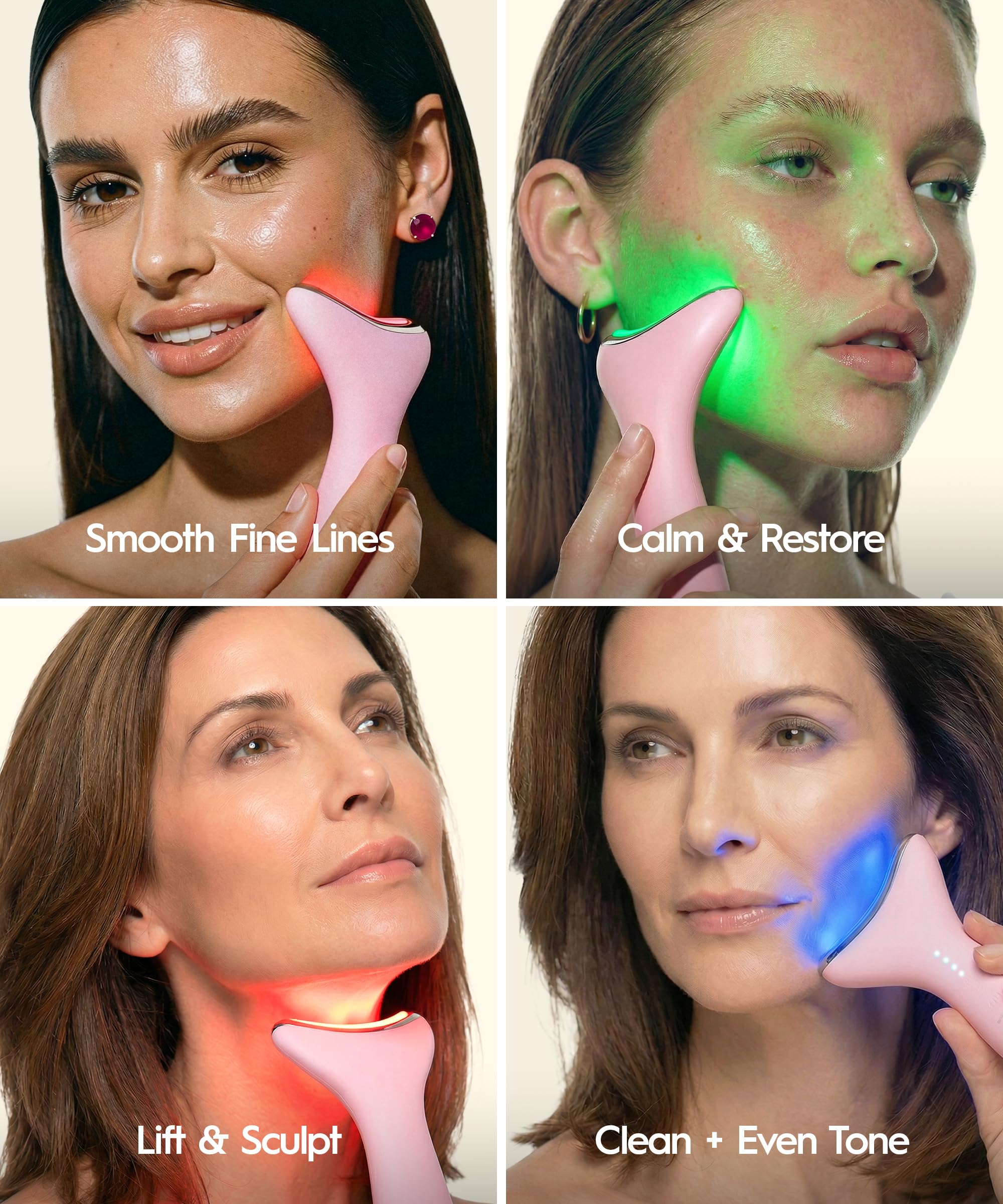 REVO Genie | 3-in-1 Face & Neck Beauty Massager with Heat, 3 Light Therapies, Smart Vibration | Red Light, Blue Light, Green Light Therapy for Smooth Glowing Skin - Pink Pearl