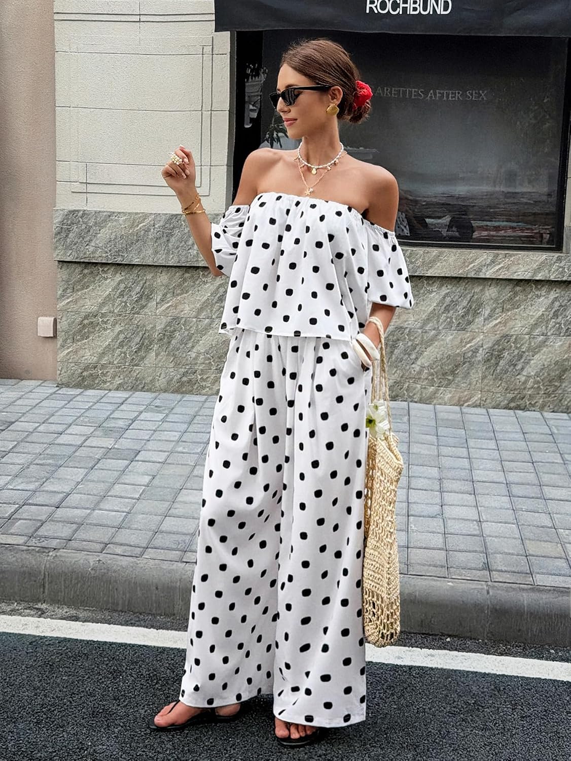 Women 2 Piece Polka Dot Sets Off the Shoulder Short Sleeve Loose Top Wide Leg Pants Going Out Casual Business Outfits