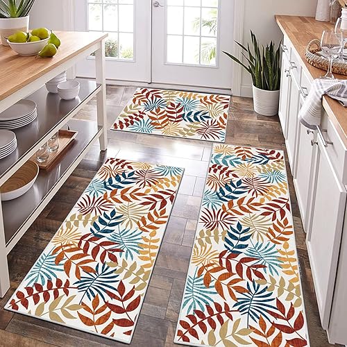 Bsmathom Juego de alfombras de cocina bohemias de 3 piezas con hojas, alfombras de cocina antideslizantes y lavables, alfombras de cocina para