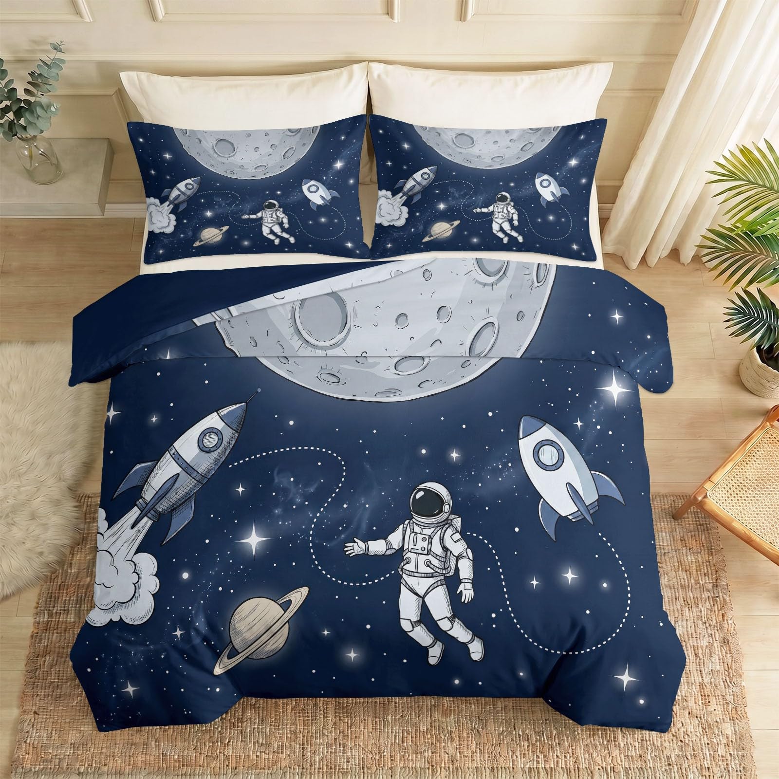 Dwustronna poszwa na kołdrę 135 x 200 cm, zestaw pościeli z ilustracją dla dzieci, na 4 pory roku, minimalistyczny kosmos, meteoryt, astronauta, nadaje się do prania, pościel z mikrofibry, dla