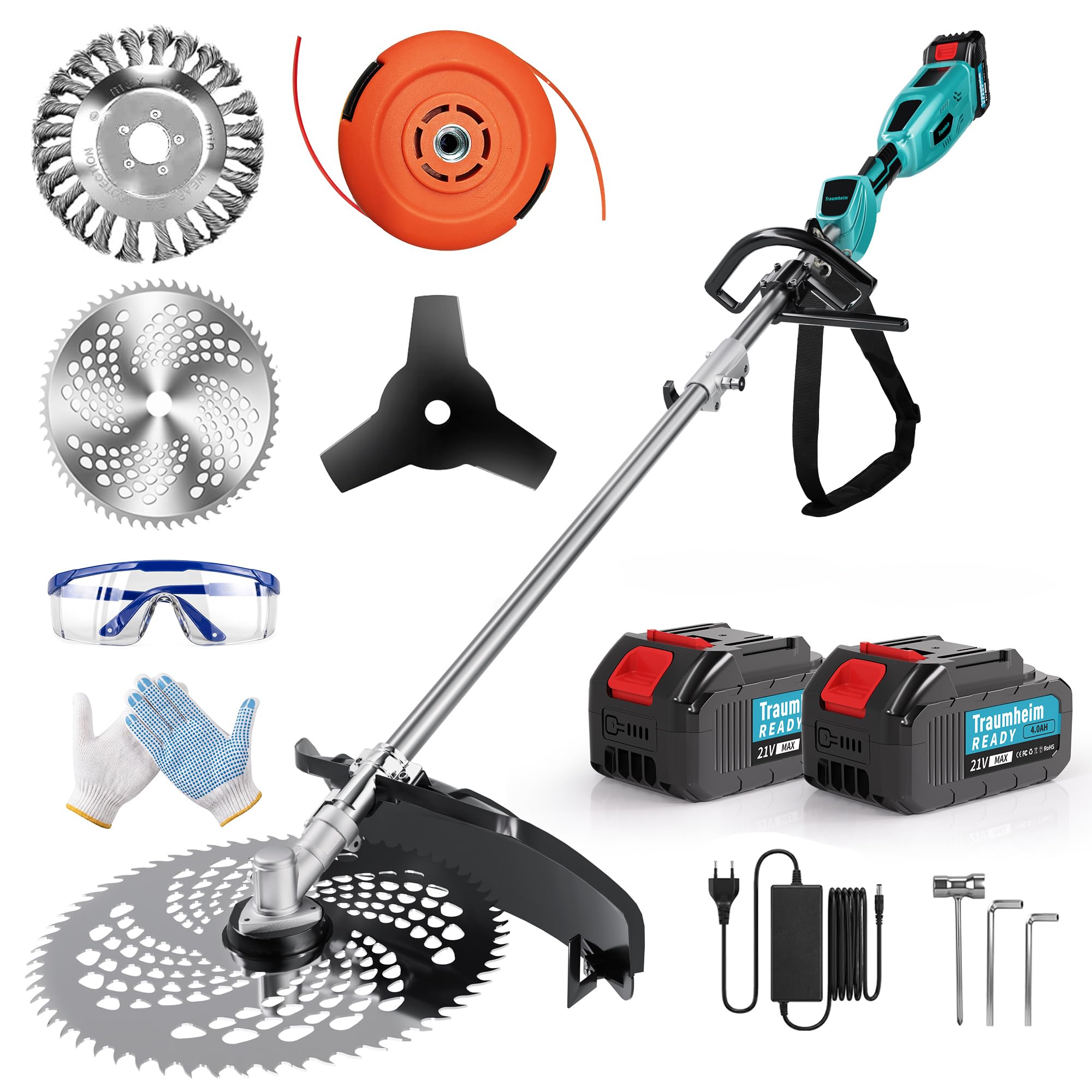 Rasentrimmer mit Akku,4-in-1 für Makita-Akkus,950W | Bürstenloser Motor, 15cm Unkrautbürste, 3m Tap&Go, Längerer Schaft, 2x 4.0Ah Akku, Garden Trimmen