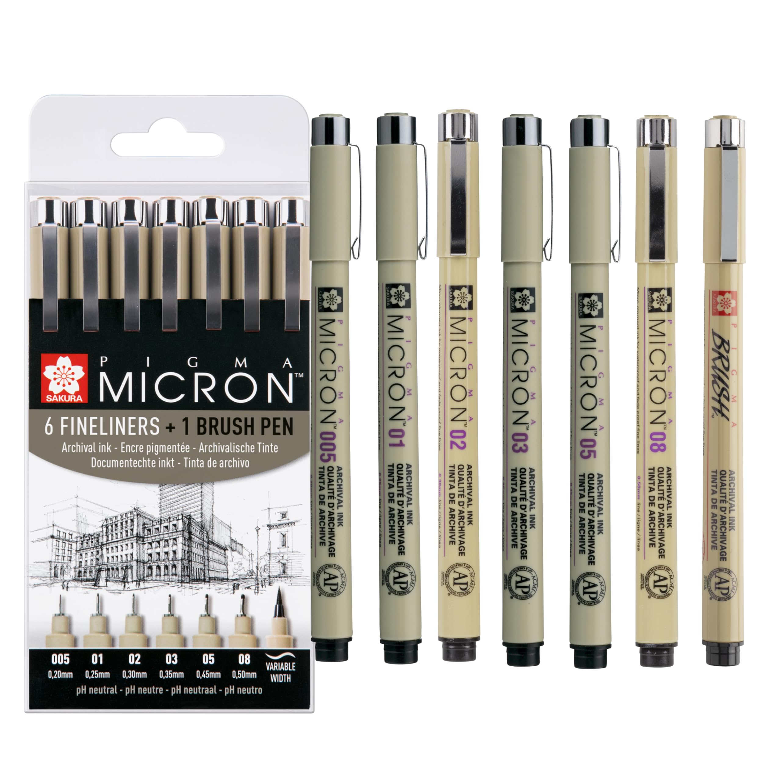 Pigma Micron fineliner set | 6 sizes + 1 Pigma Brush, black (POXSDK7B)