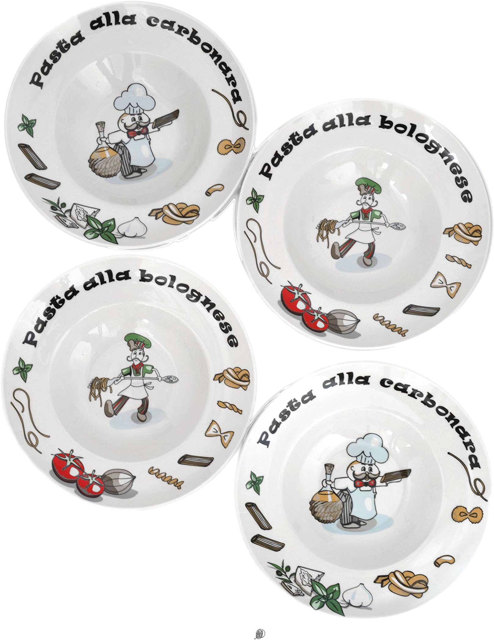 Set of 4 Playful Fat French Italian Chef Pasta-Design Porcelain Soup Pasta Bowls