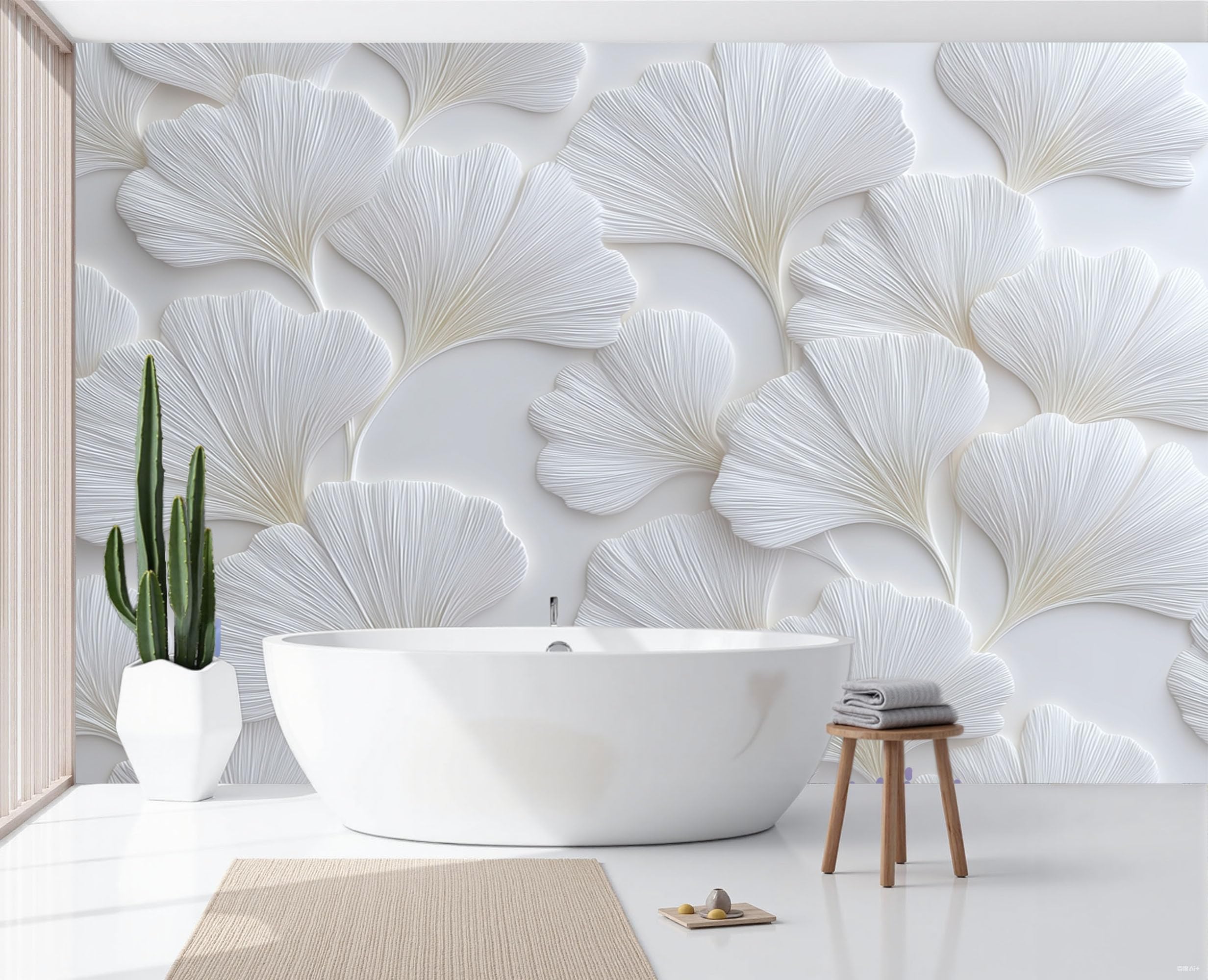 Papier peint en soie relief feuille de ginkgo blanc 250x175cm pour salon et chambre