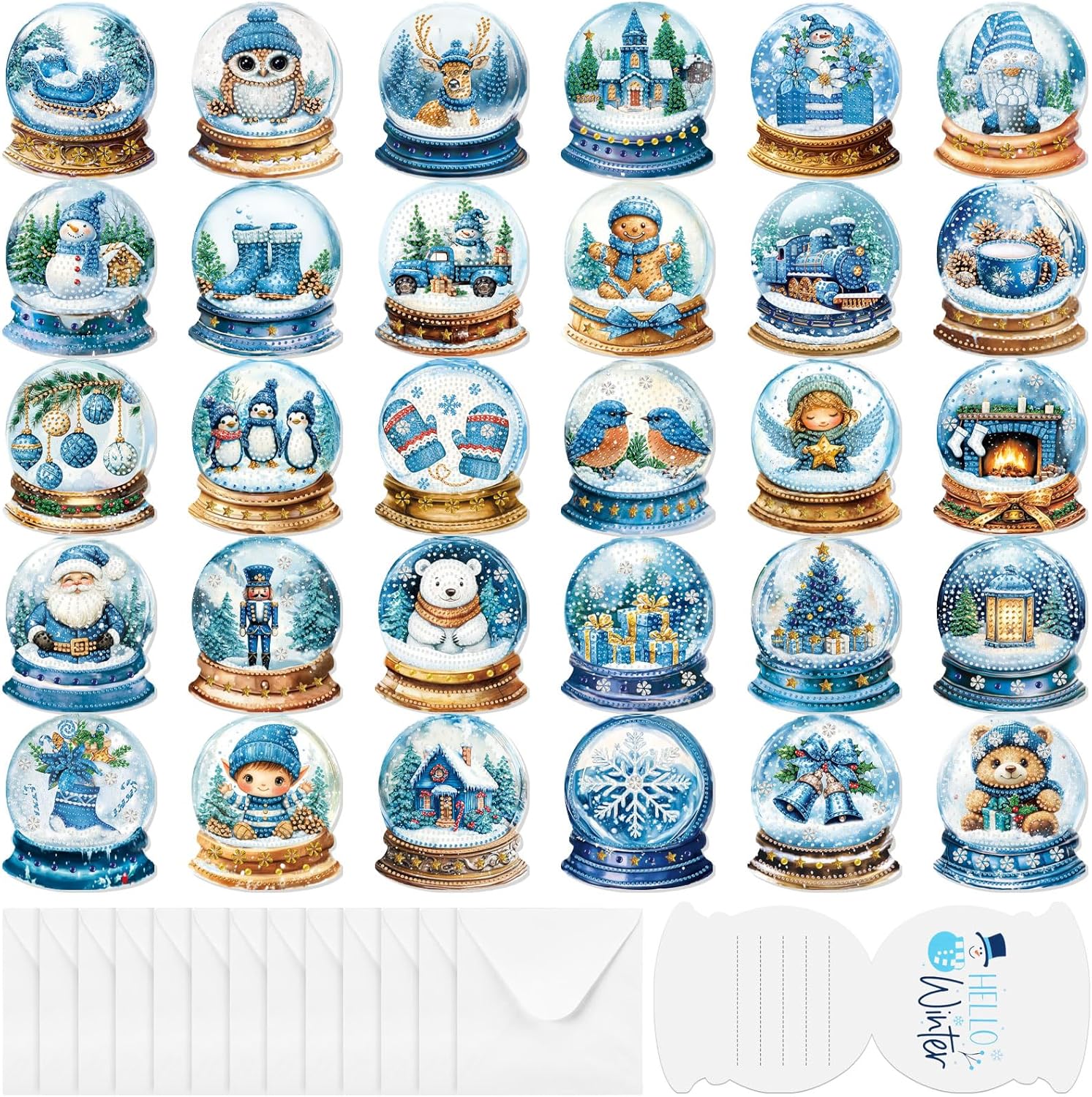 30 Pack Winter Diamond Art Cards with Envelopes Winter Diamond Painting Card Bulk Elk Snowman Gingerbread Santa Nutcracker Greeting Postcard 5d Round Drill Art Craft for Adult Beginner
