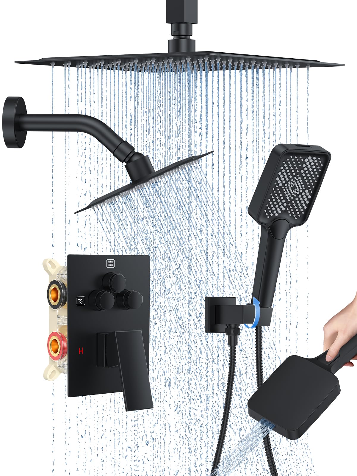 Shower Faucet Set, 10" Ceiling Mount Rainfall Shower System with 10'' Top Head+6'' Side Head and Multi-function Handheld Head Push Button Diverter Shower Faucet Trim Kit Matte Black