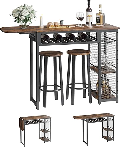 Miniatura 8 de Juego de mesa de bar y sillas Bestier, mesa de comedor expandible con 2 taburetes de bar, encimera de cocina industrial con estante para vino y