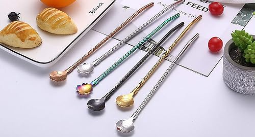 Miniatura 8 de 7 popotes de metal para beber con 2 cepillos de limpieza de 8.5 pulgadas, cuchara de barra reutilizable para café helado, bebida congelada, batidos,