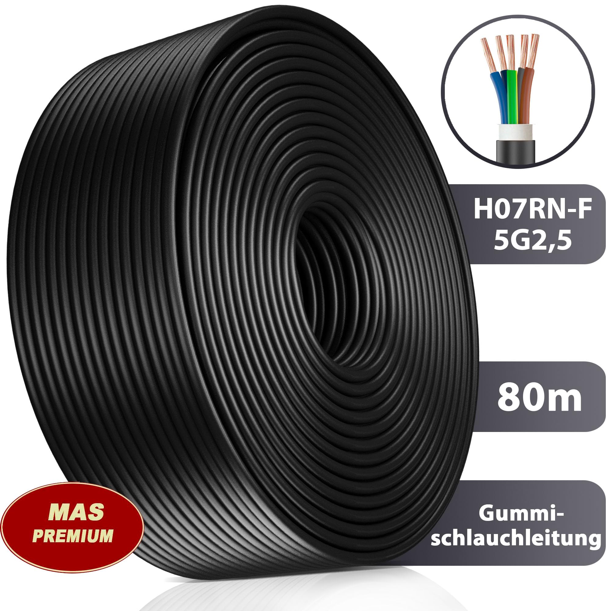 Cable de alimentación de goma de 5 a 90 m, H07RN-F 5G2,5 mm², cable flexible con conductor de protección para dispositivos pesados (80 m)