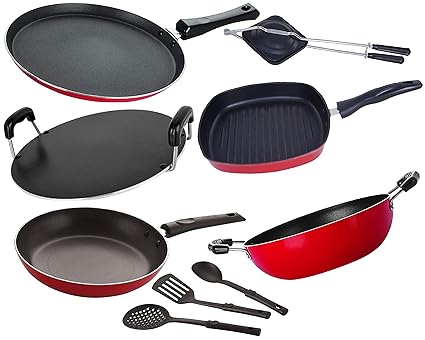 Nirlon 3 Layer Non-Stick Coated 9 Piece Cookware Combo Gift Set [2.6mm_FT13_KD10_GP(24)_RT_HT_TP24_3SPN]