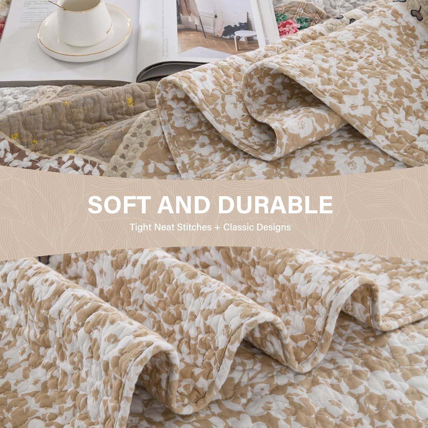 SahSahCasa 100% Cotton 128"x120" Oversized California King XL Bedspread Coverlet Quilt Set, Cal King Quilted Bedspread Extra Large Quilt, Floral Bed Spread Lightweight Comforter, 3pc, Brown/Grey