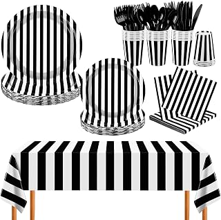 Kochorie 113 Pieces Black and White Striped Party Supplies, Disposable Dinnerware Set Includes Stripe Plates Napkins Cups Knives Forks Spoons Tablecloth for Birthday Wedding Halloween Decorations