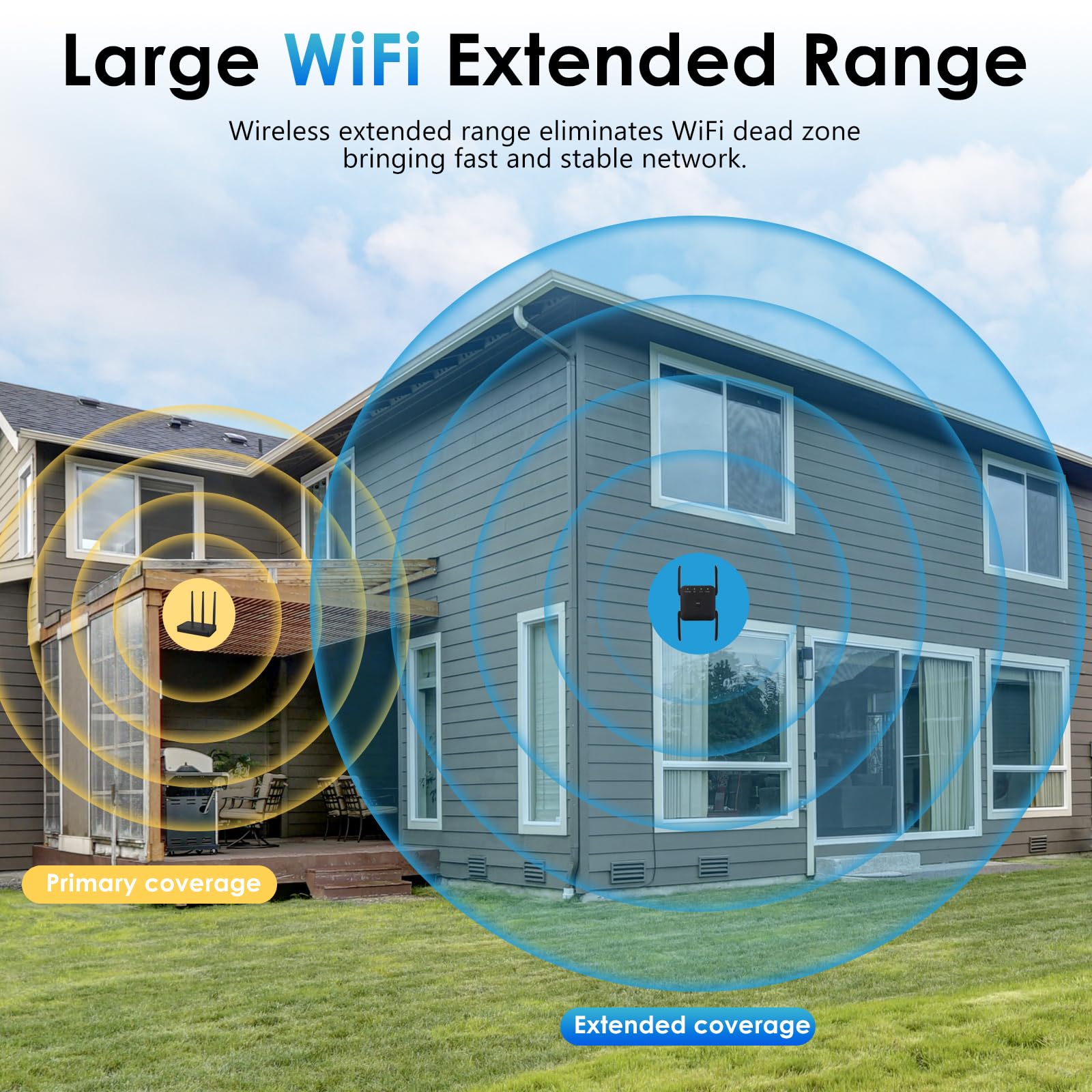 Wzmacniacz Wi-Fi 1200 Mbit/s, podwójny wzmacniacz 2,4 GHz + 5 GHz WiFi Booster z trybem repeatera/router/punktem dostępu, wysoka wydajność z 4 antenami, wzmacniacz rozszerzeń z portem LAN