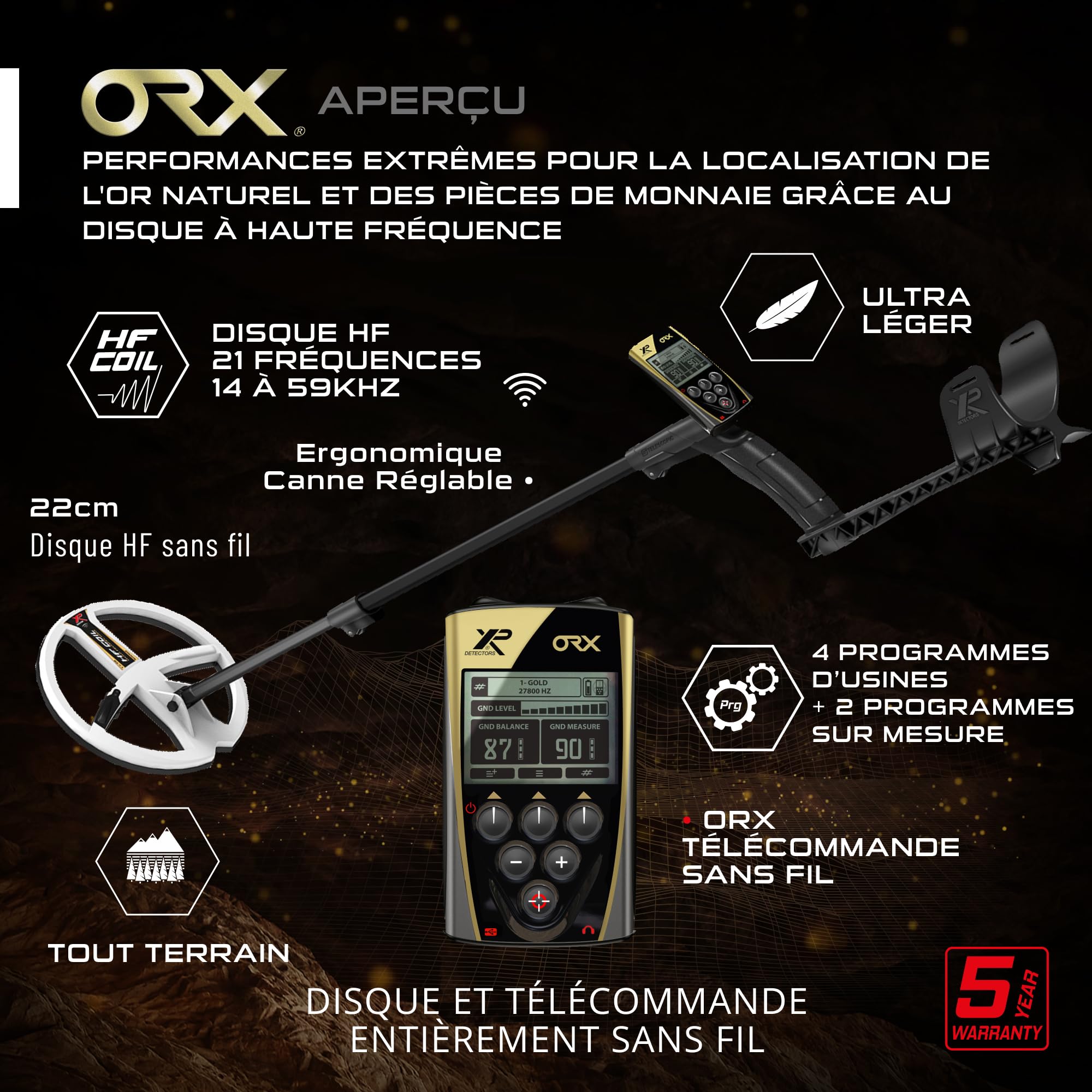 XP Metal Detectors Détecteurs de métaux ORX - dédié à la Recherche d'or - avec Disque HF de 22cm, télécommande et Canne Lite S-Telescopic (ORX-22HFRCF)