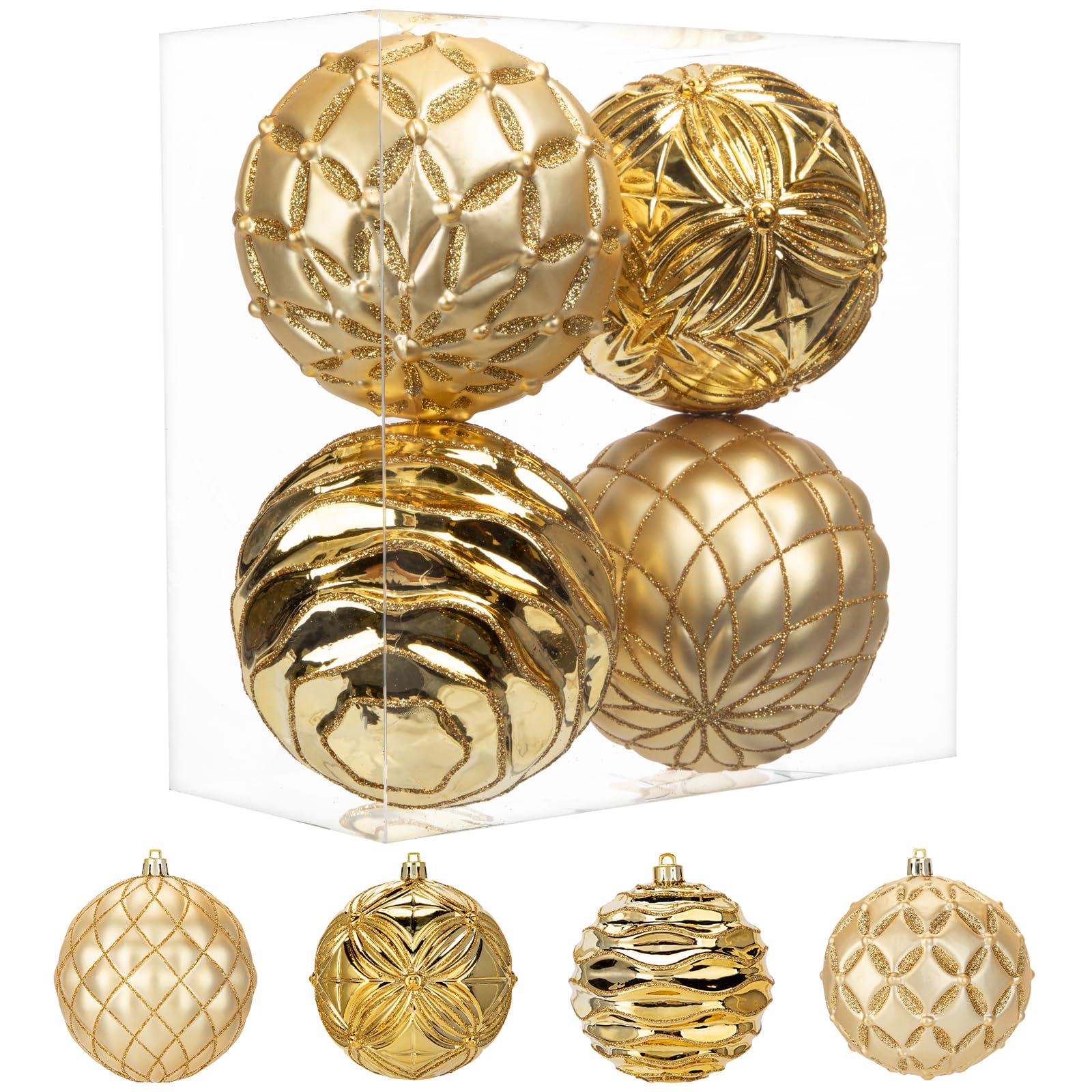 4" Large Christmas Balls Ornaments Shatterproof Big Gold Christmas Ornaments Balls for Xmas Tree 4 Pcs Gold Xmas Tree Ornament for Halloween Holiday