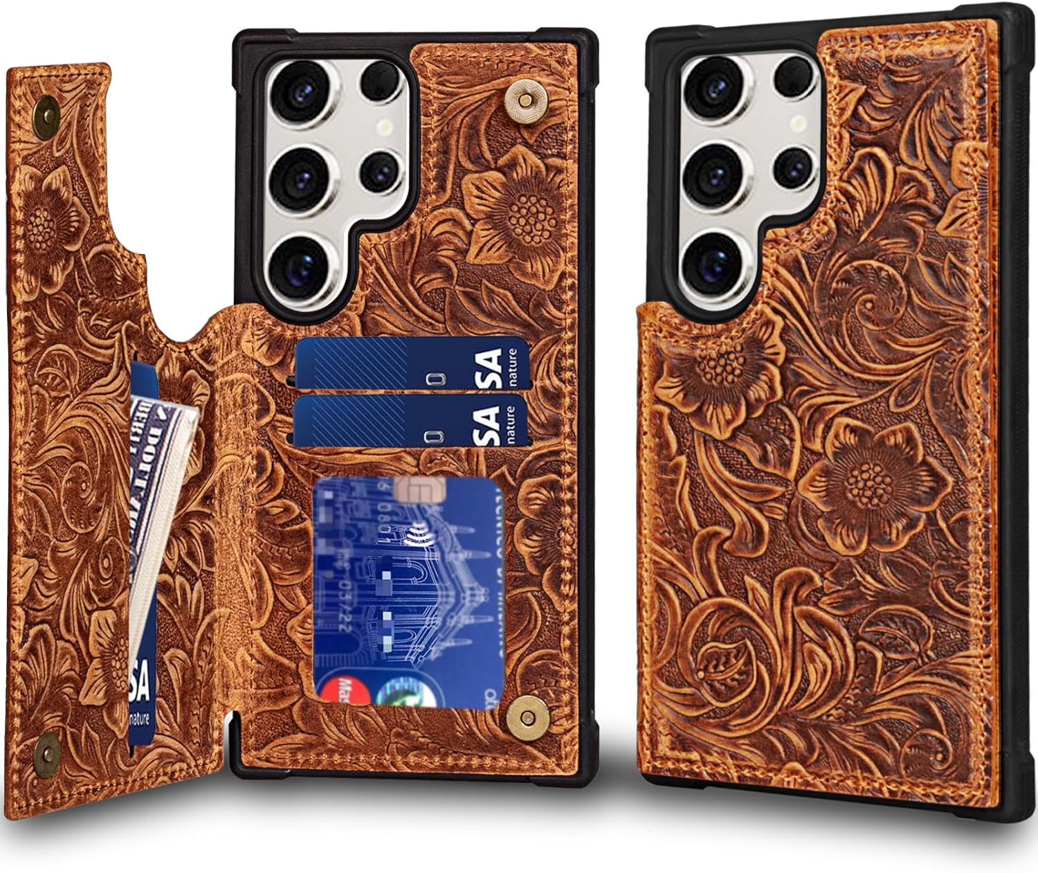 Leather Case Compatible with Samsung Galaxy S23 Ultra Wallet 6.9",Genuine Leather Shockproof Anti-Fall Case, Flip Cover with Card Slot, Double Magnetic Buckle,Kickstand Durable Brown