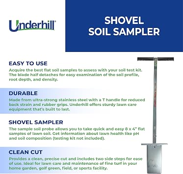 Underhill Sampler Shovel Soil Probe for Testing Lawn and Turf, T Handle, Yard and Gardening Hand Tools, TSP-8x4, Stainless Steel