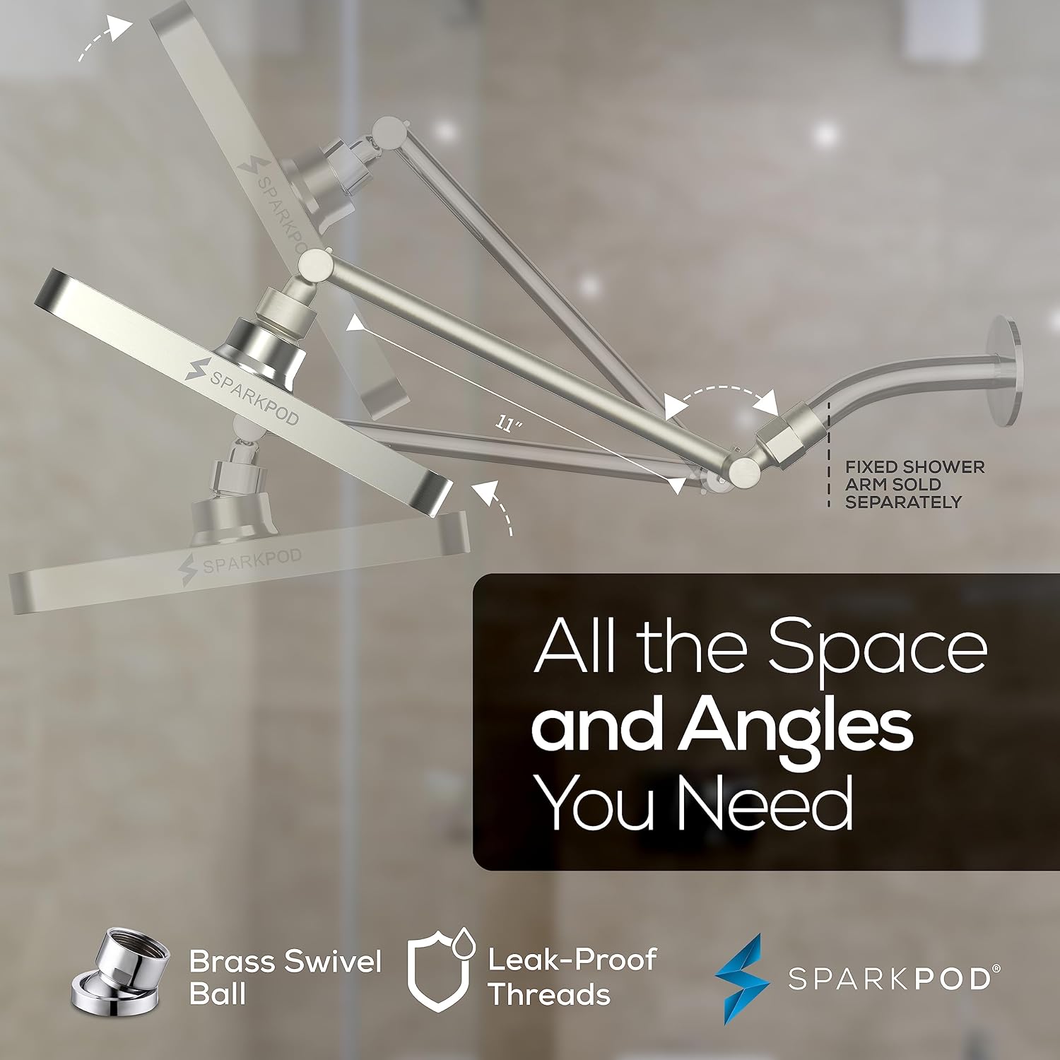 SparkPod Square Rain Shower Head with Shower Head Extension Arm - High Pressure Rain - Luxury Modern Look - No Hassle Tool-less 1-Min Installation (11" Shower Arm Extension, Elegant Brushed Nickel) - Image 5