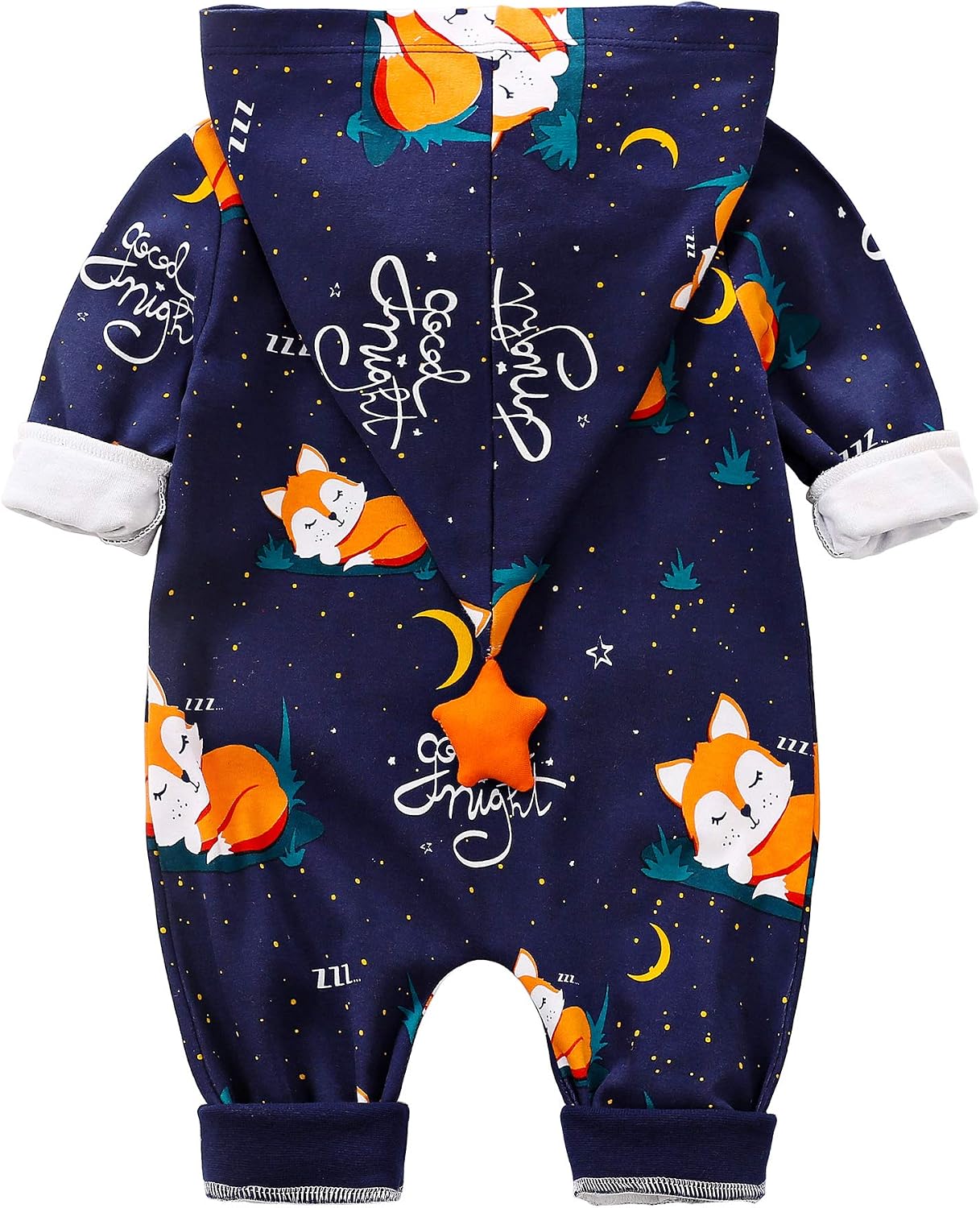 Fox Print Hooded Pajamas for Baby Boys and Girls, Zip-Up Footless Romper, Long Sleeve Sleepwear