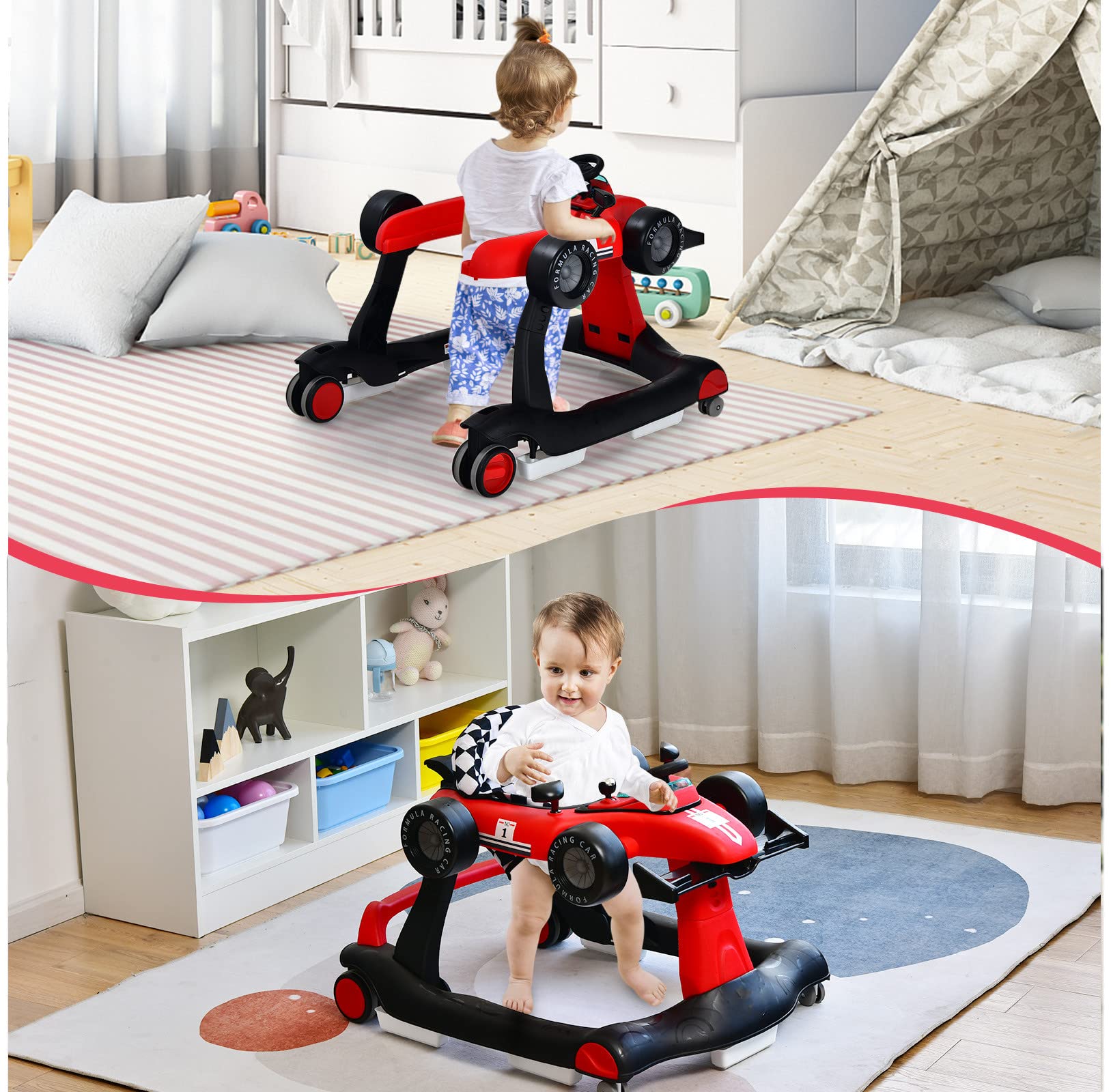 DREAMADE Lauflernhilfe, 4 in 1 Autoförmiger Lauflernwagen mit einstellbarer Geschwindigkeit, Musik & Licht, Babywalker Höhenverstellbar & Klappbar, Gehfrei Baby ab 6 Monate (Rot)