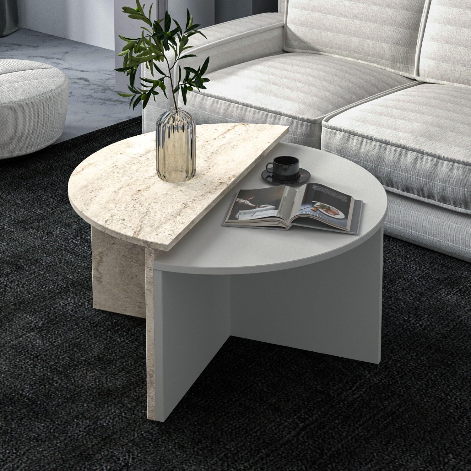 Modern Coffee Table Set (2 Pieces), Grey & Travertine, 70 cm, 100% Melamine Coated Particle Board, 18 mm Thick, Stylish Marble Design for Contemporary Living Spaces