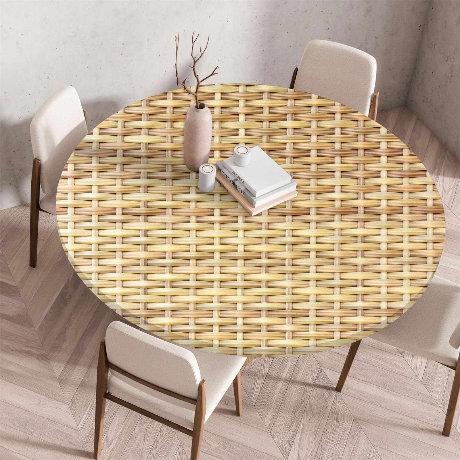 Muiuou Round Tablecloth, Wood Texture Printing Reusable Waterproof Oil-Proof Elastic Round Table Cover Cloth, Fitted Kitchen Restaurant Picnic Home Decoration