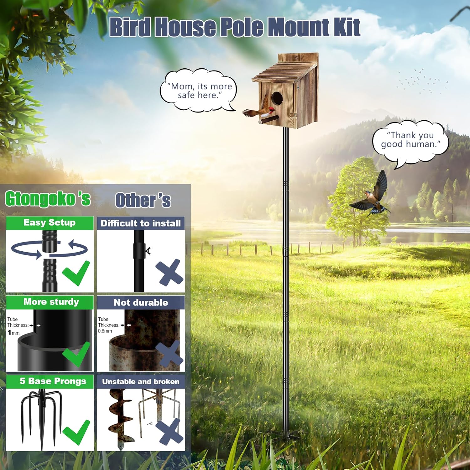 Gtongoko Smart Bird Feeder Pole 110 Inch Bundle Gtongoko 19 Inch Squirrel Baffle Green 1 Pack