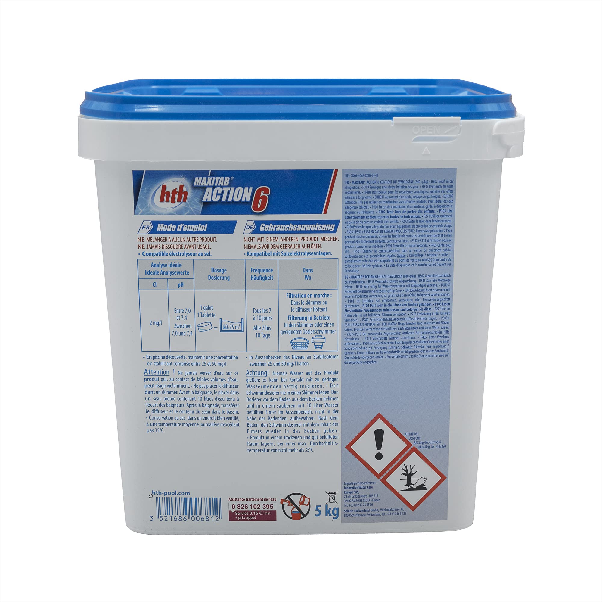 HTH MAXITAB Action 6 Galet 250g Bi-Couche Spécial Liner - 5kg | Chlore Lent stabilisé Multiaction - Désinfection Régulière Multifonction avec Action Choc + 10 Tests HPS OFFERTS 6 en 1