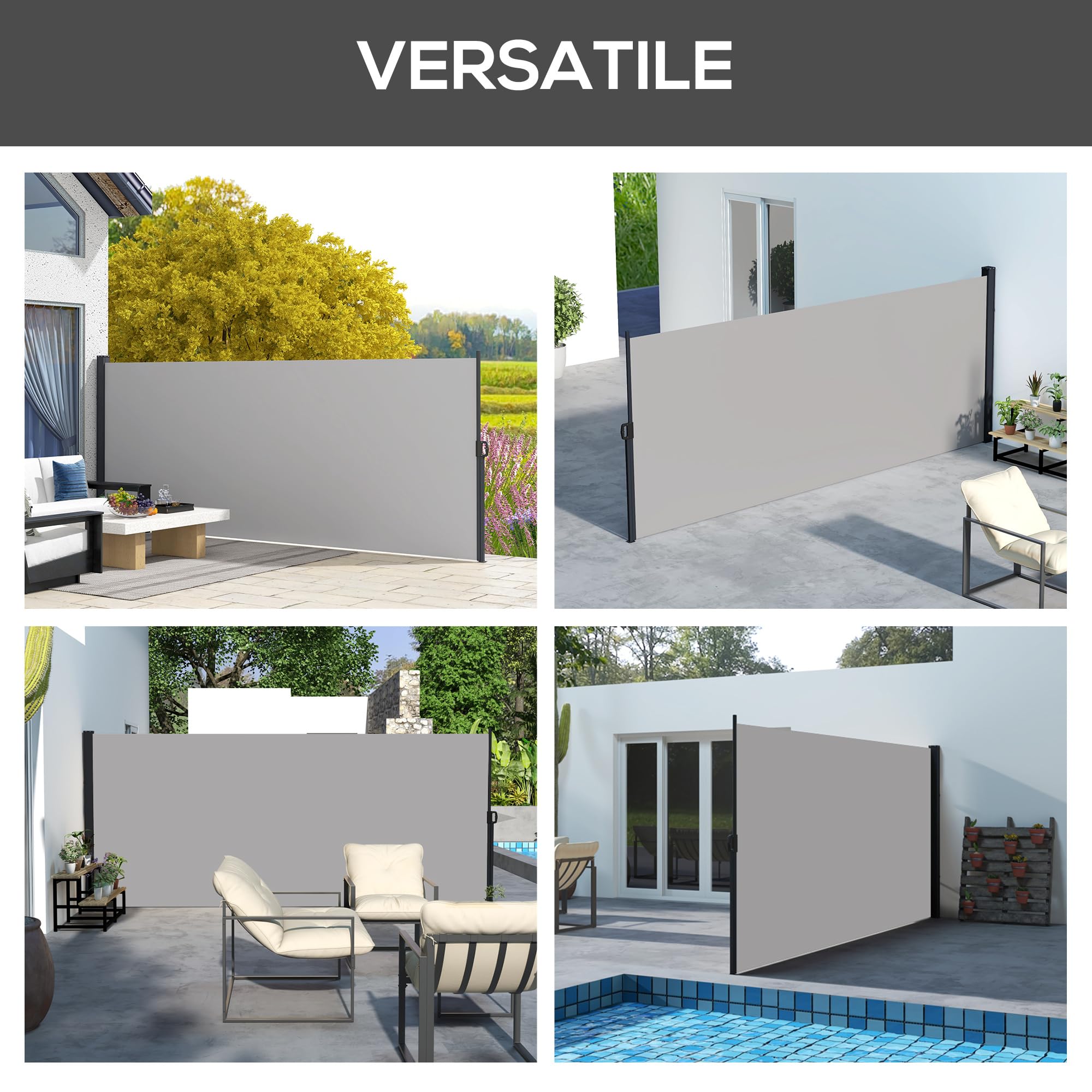 Outsunny Tenda Laterale Retrattile con Maniglia, Frangivista Balcone in Metallo, Alluminio e Poliestere, 180 g/m², UV30+, per Balcone Giardino ed Esterno, 400x180 cm, Grigio Chiaro
