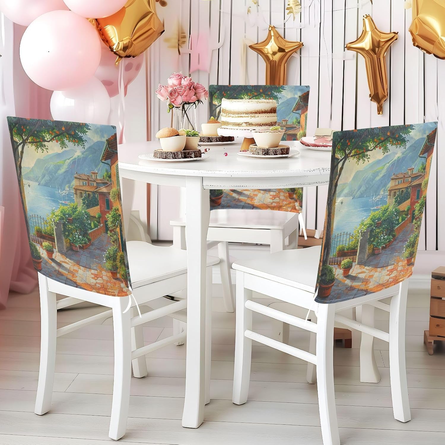ALAZA Italy View in The Morning Chair Back Cover Set of 6, Washable Reusable Removable Chair Slipcovers Decorative Chair Cover for Home Kitchen Wedding Party