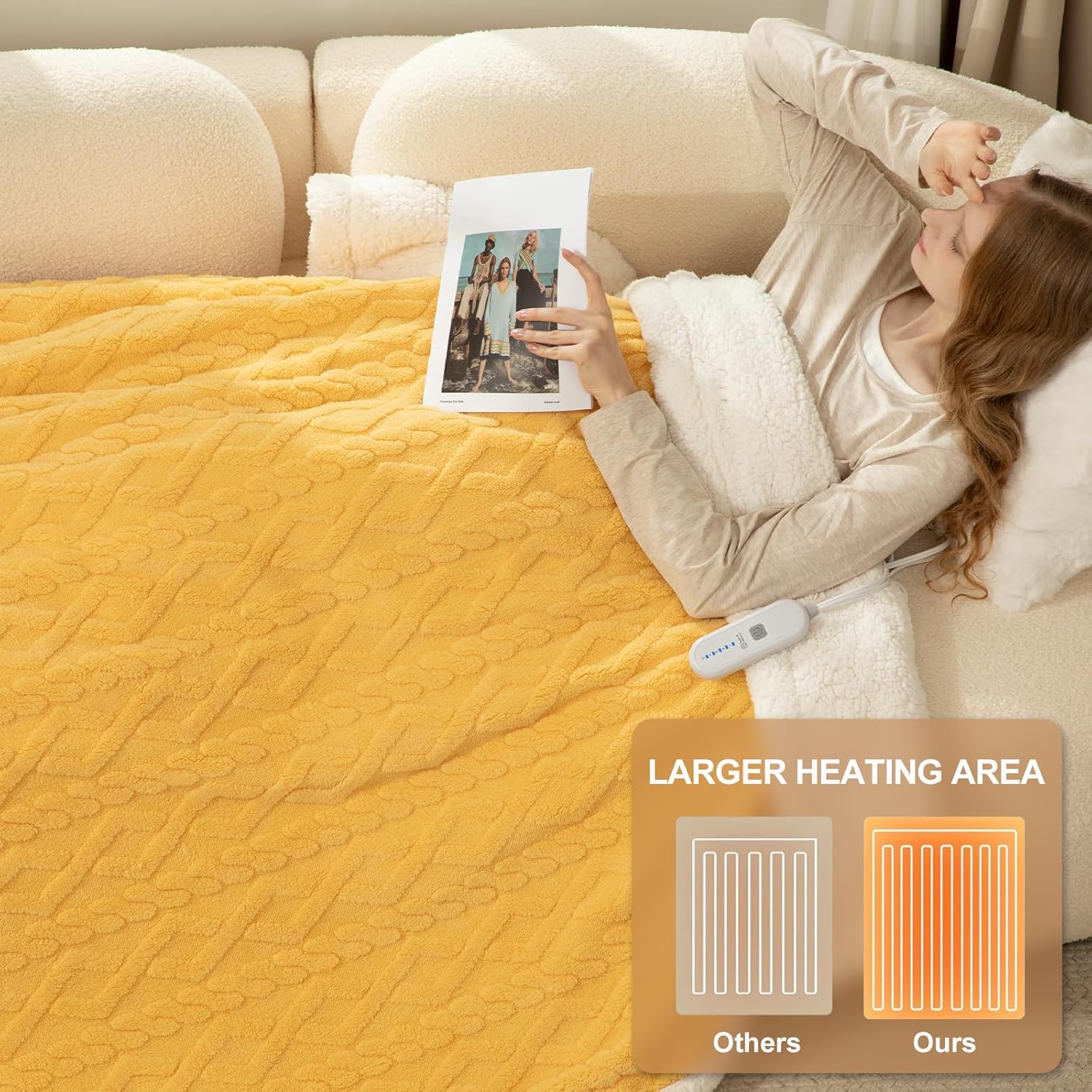 Electric Blanket Twin Size 62"X84" Yellow - Soft Thick Warm Sherpa Heated Blanket for Winter with 5 Fast Heating Levels & 10hrs Auto Off for Women, Washable & ETL Certified for Office, Bed - Image 6