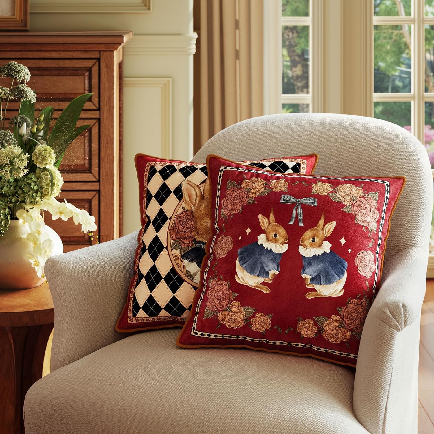 Bunny Checkered Pillow Cover Decorations, Velvet Euro Sham Covers Decorative Throw Pillow Covers 18x18 for Couch Sofa Bed Home Decor