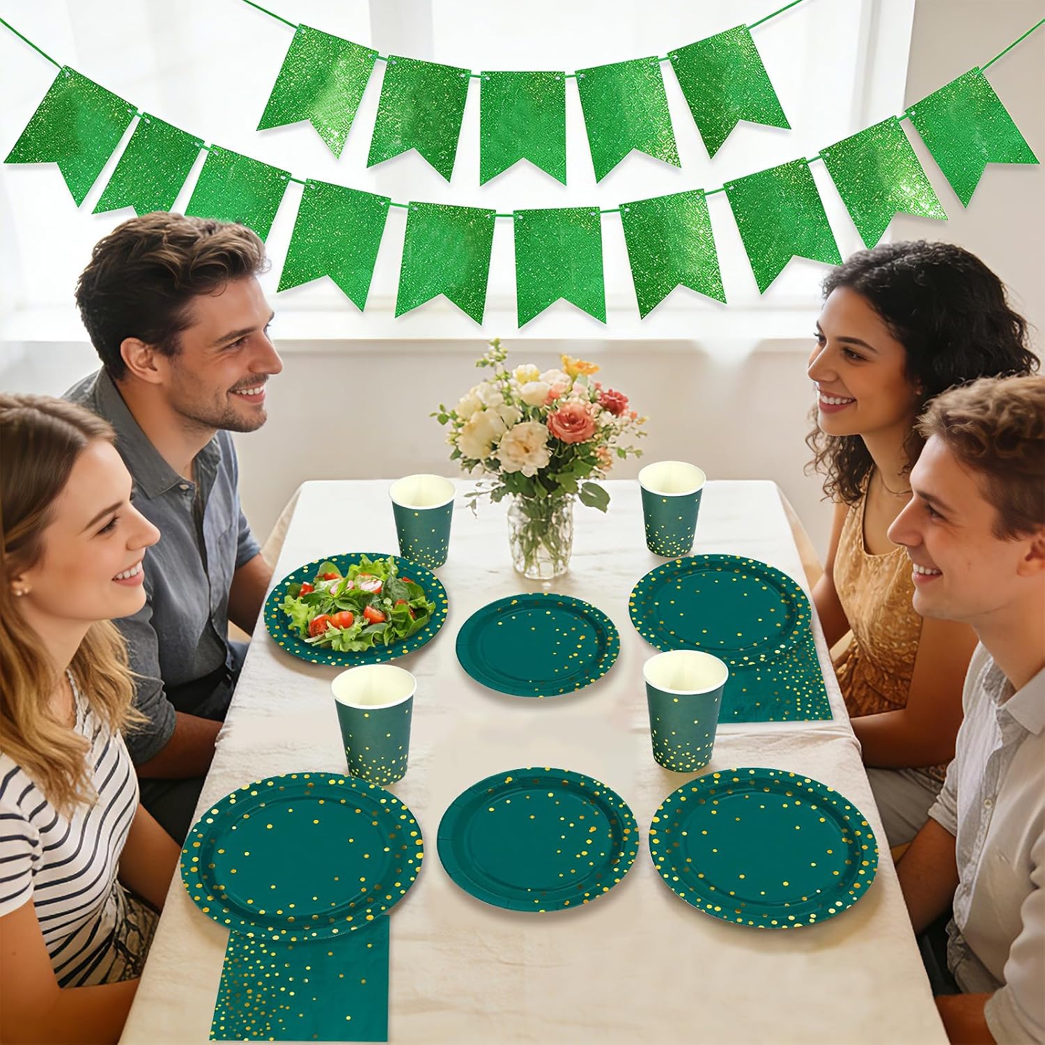 350Pcs Green Party Supplies Dark Green and Gold Dot Paper Plates Napkins Cups Forks Polka Dots Disposable Tableware Sets for Graduation Anniversary Spring Birthday Party Supplies Serves 50