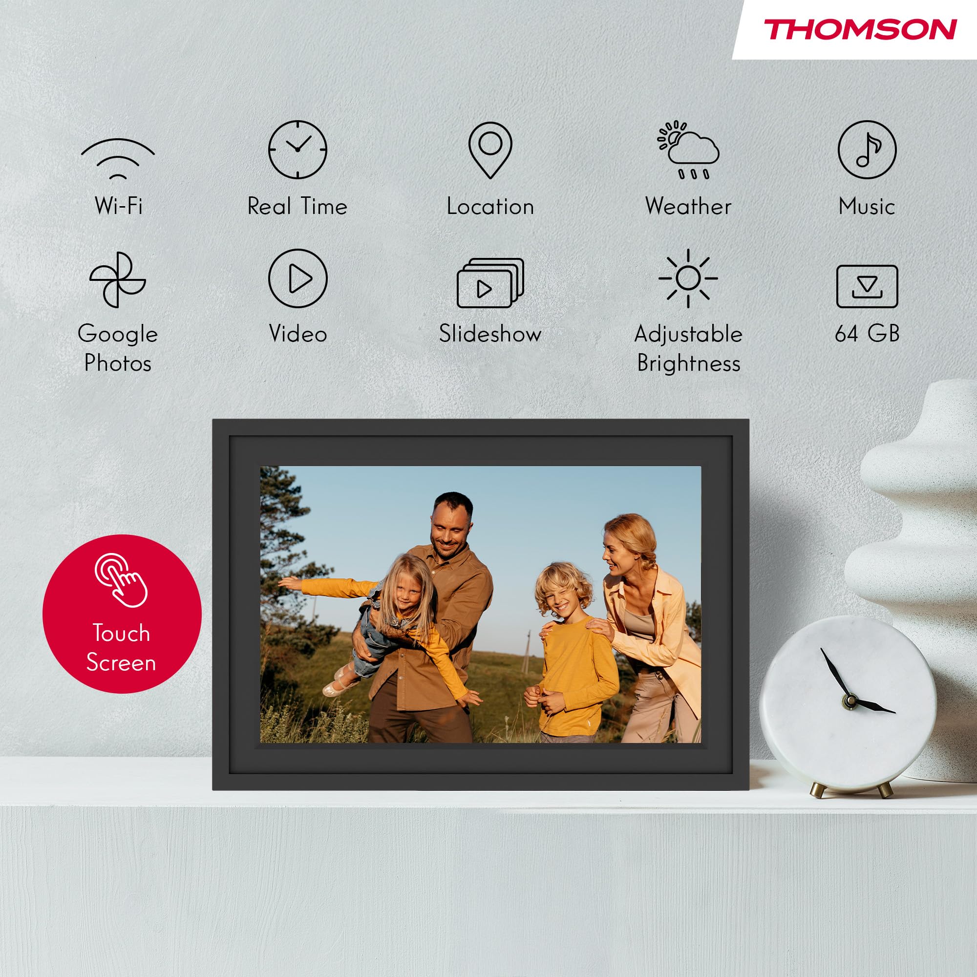 Thomson Cadre Photo Numérique 10 Pouces, Écran IPS, Écran Tactile HD, WLAN, Partage Direct Via App, Fonctions Intelligentes, Cadre Photo Électronique avec 32 Go de Mémoire, Rotation Automatique