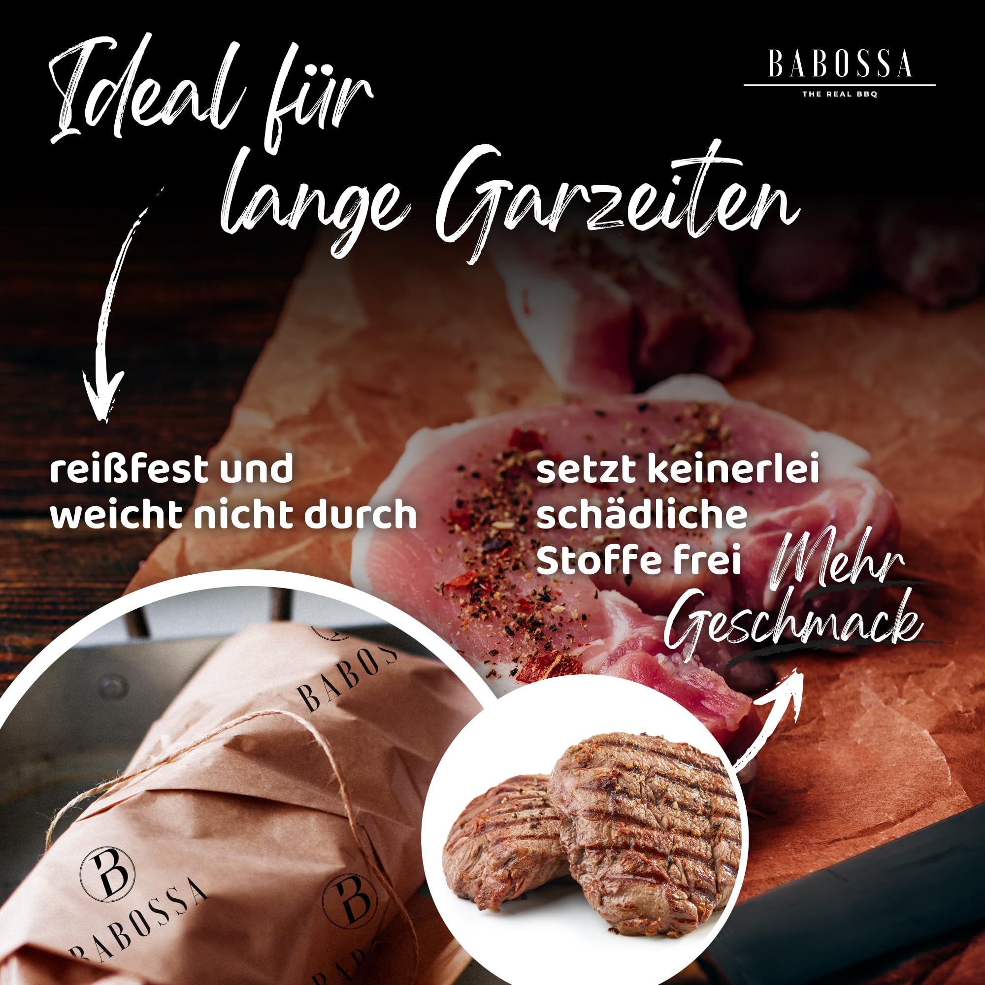 BABOSSA® Carta XXL Pink Butcher Paper, 60 cm x 50 m, per barbecue e carne, per barbecue a gas e barbecue a carbone, carne delicata e bordo croccante, carta kraft | 50 metri