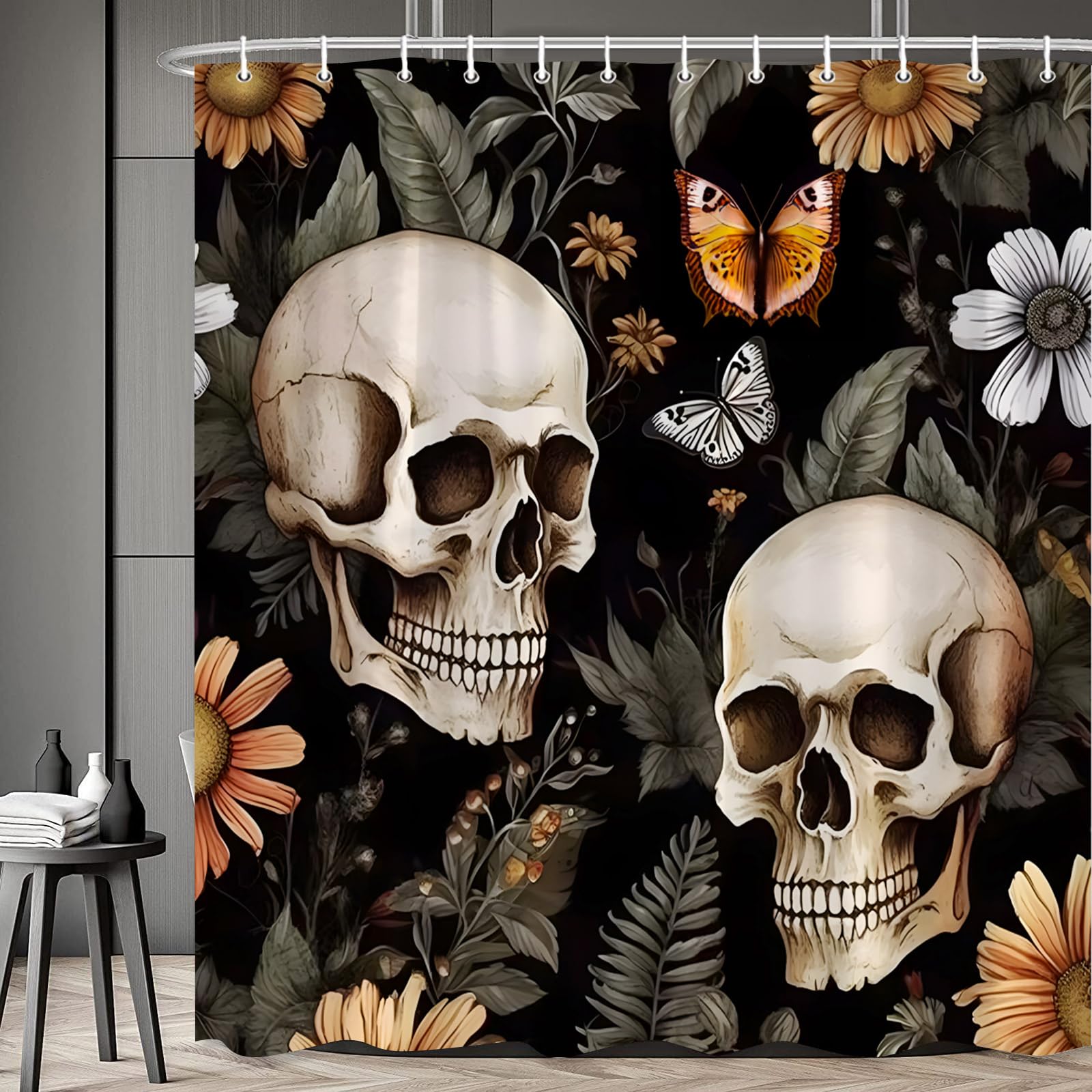 RDRUVA Skull Floral Shower Curtain Halloween Gothic Skeleton Vintage Flower Butterfly Horror Spooky Witchcraft Wildflowers Black Bathroom Curtains