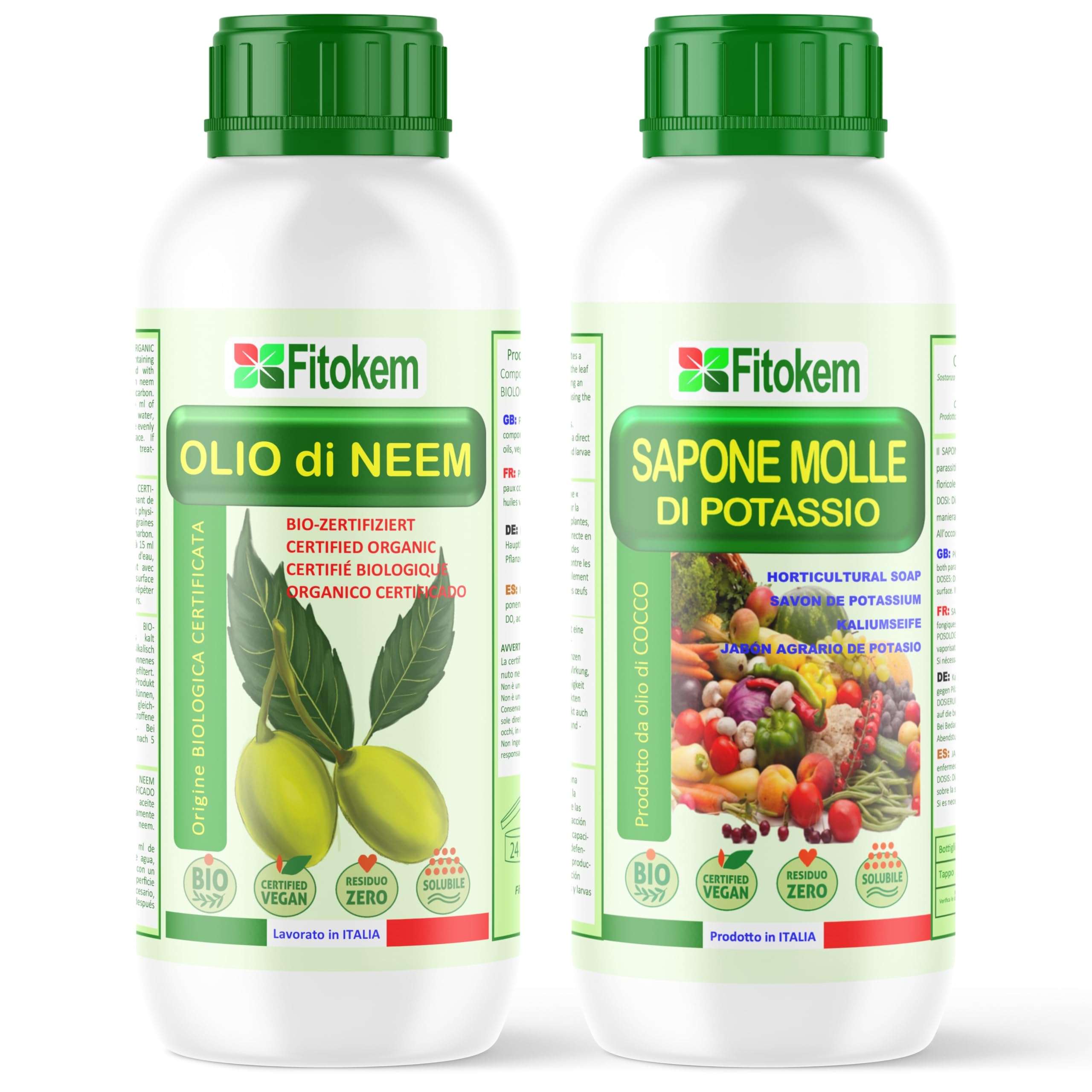 Fitokem Sapone Molle di Potassio 1lt e Olio di Neem 1lt Kit Protezione Piante Corroborante Naturale per Orto e Giardino contro Afidi e Cocciniglia Residuo Zero Made in Italy