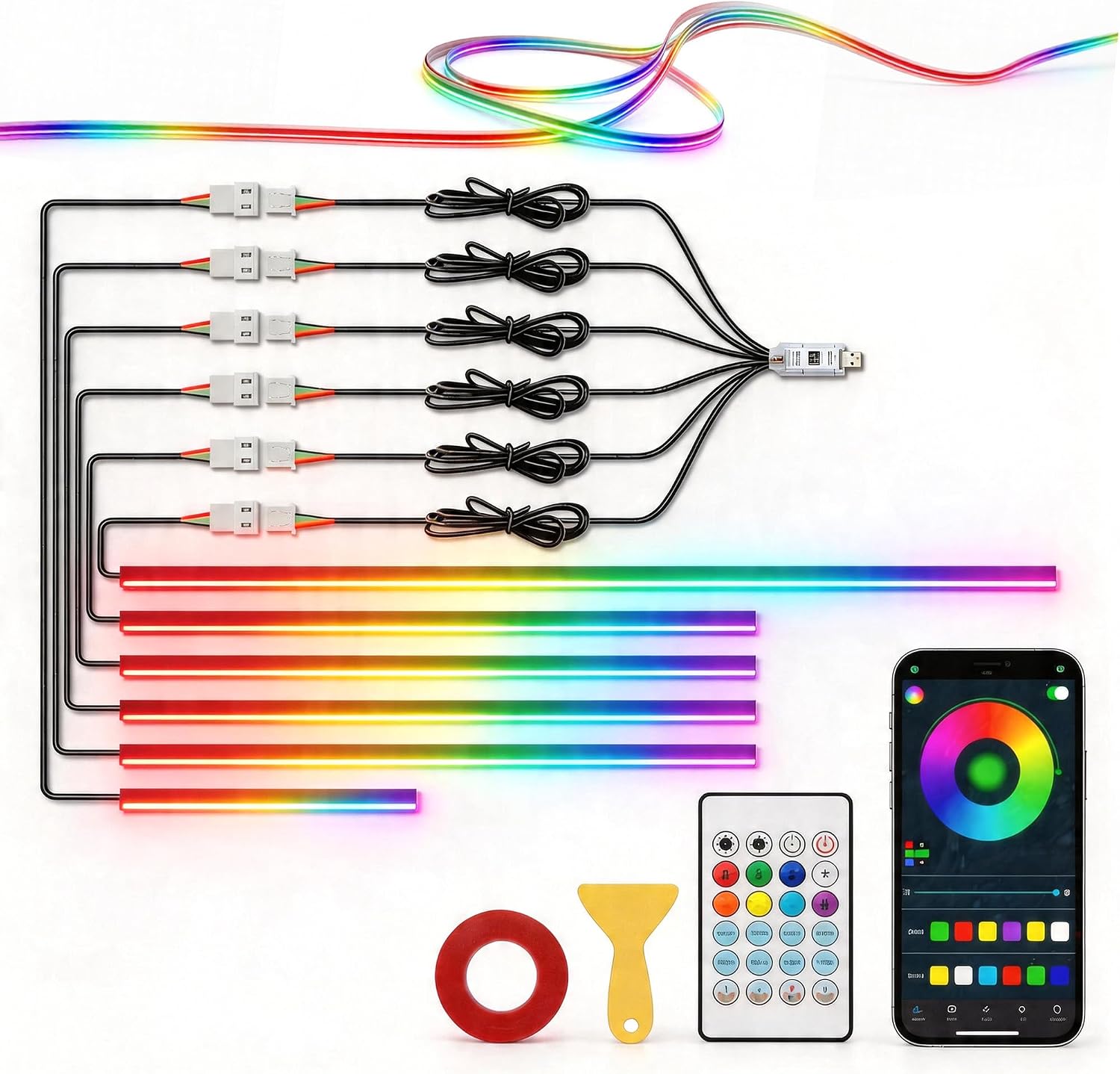 Illuminazione LED auto 6 in 1, strip acriliche RGB, 425 cm